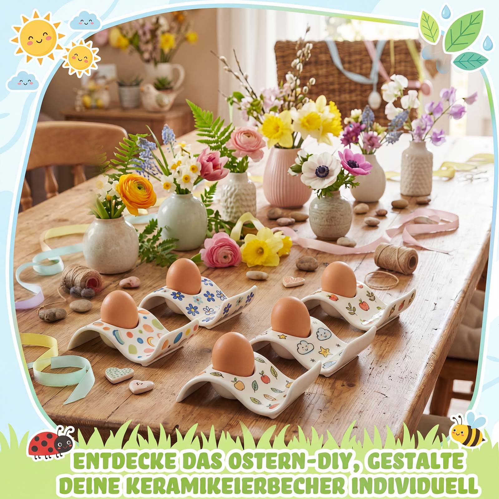 Sinmoe 6 Coquetier Oeuf en Ceramique Peindre Votre Propr Coquetier avec 12 Pièces 24 Couleurs Stylo en Porcelaine et Boîte de Cadeau Support pour Œuf à la Coque pour DIY Cadeau Pâques Anniversaire