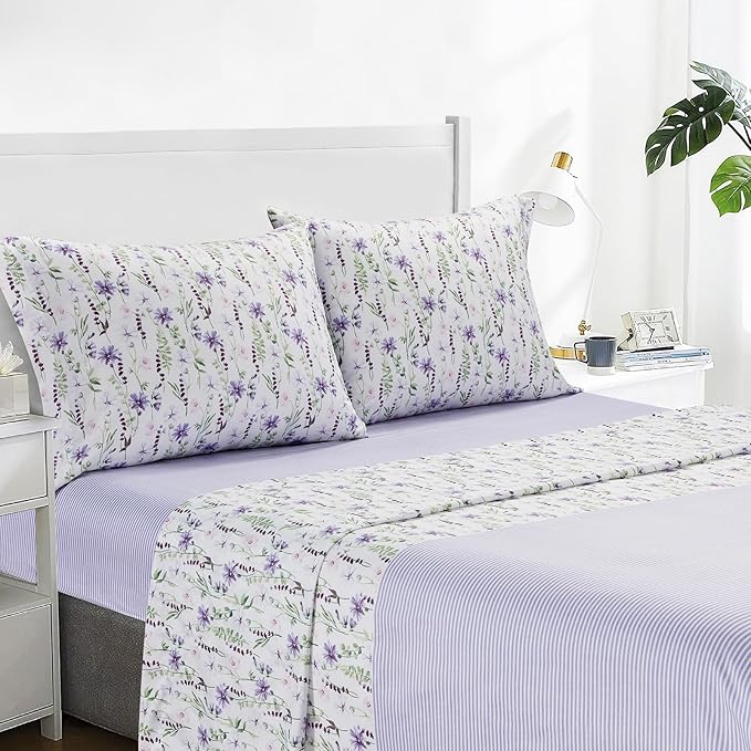ARTALL 4Piece Floral Print King Size Sheet Set, Soft Microfiber AllSeason Bed Sheets includes