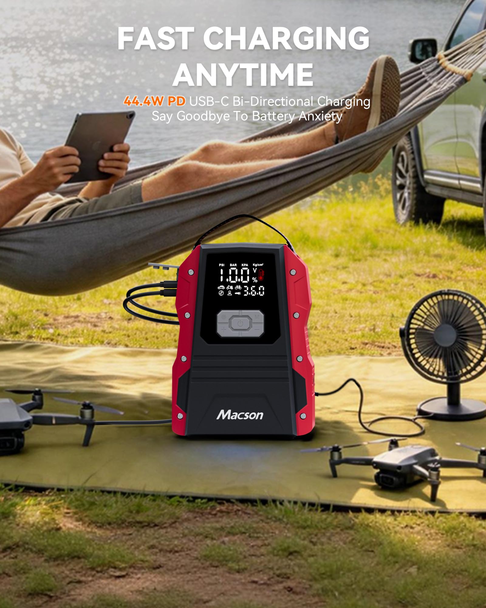 Macson Batteria per auto da 5000 A, batteria portatile da 12 V, per motori diesel da 9,0 l, avviamento con 150 PSI, cavo di avviamento, torcia a LED pieghevole