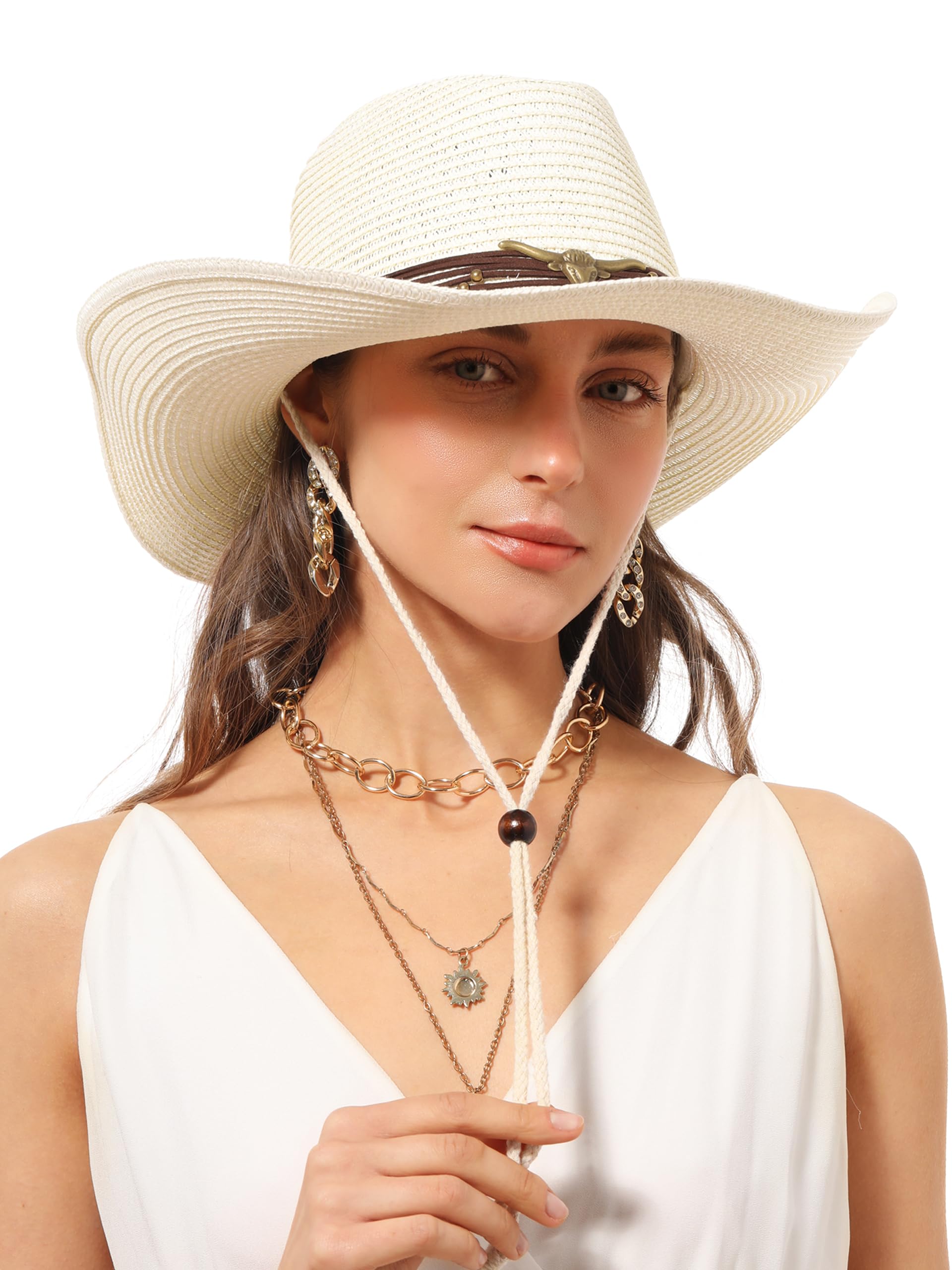 soul young Sombreros de vaquero para mujeres y hombres, sombrero de vaquero occidental de paja con correa de barbilla resistente al viento, gorra de playa