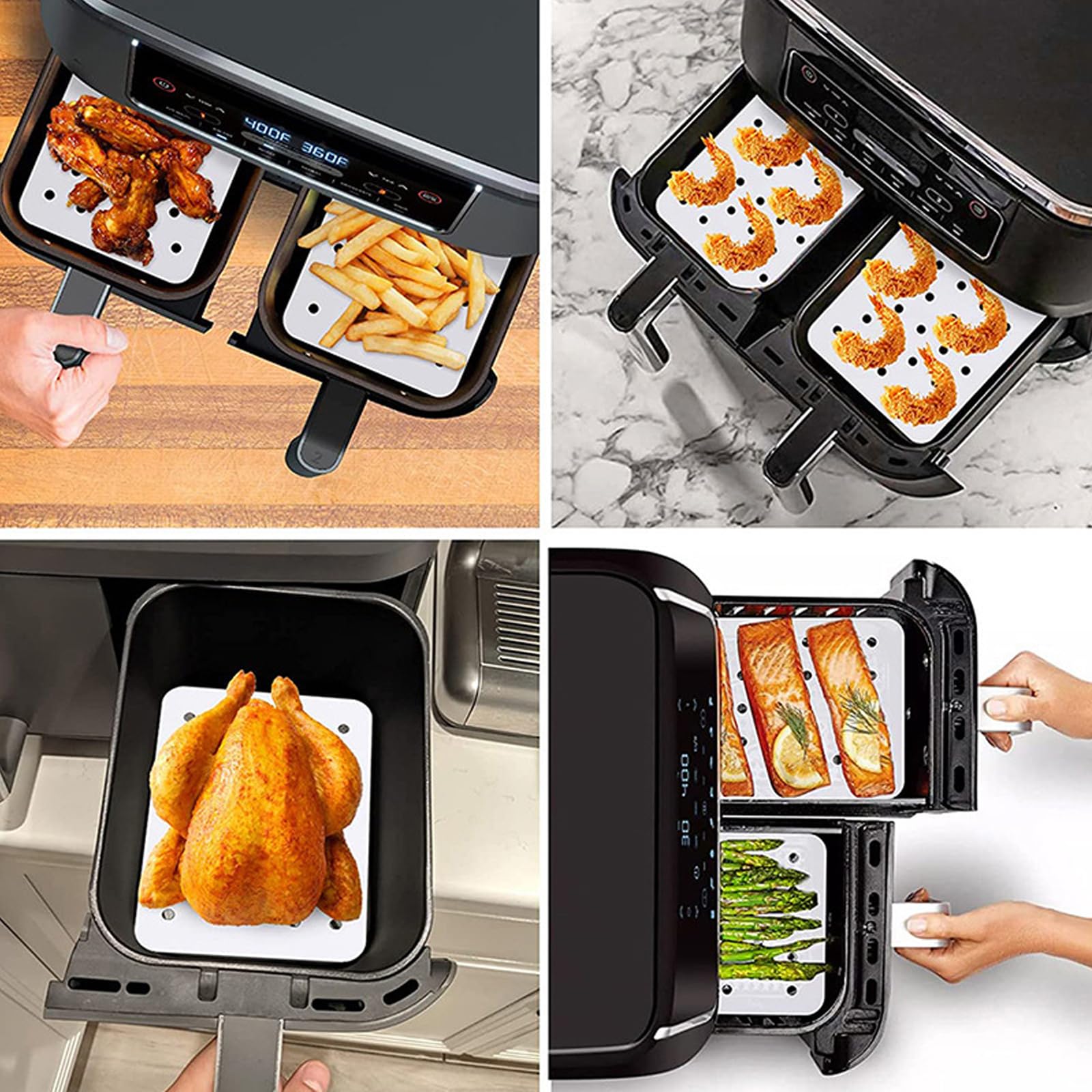 Lot 200 Feuilles Papier Parchemin Pour Ninja Foodi Dual Air Fryer DZ201 DZ401 – Anti-adhésif Perforé 21×14 Cm
