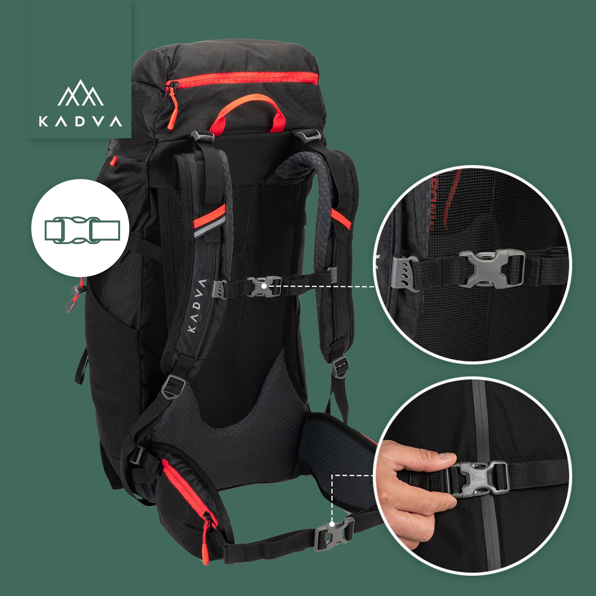 KADVA Vagabundo Mochila de trekking de 40 l, sistema de transporte Windspire Pro, material hidrófobo, funda para lluvia, correas exteriores.