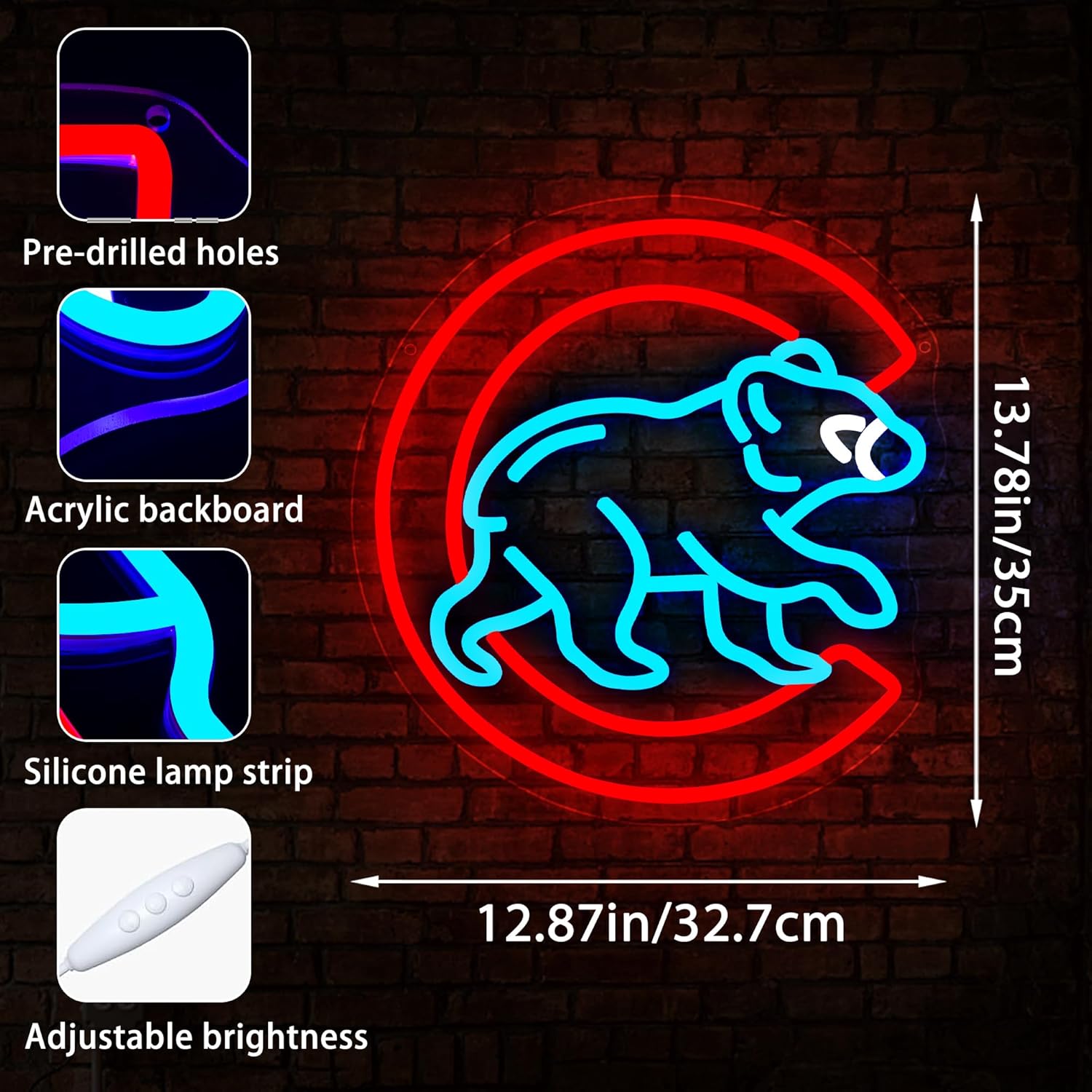 Baseball Neon Sign for Wall Decor Dimmable Cubb Baseball LED Light Up Sign Sports Signs Decor for Man Cave Boys Room Neon Signs for Bar Club Basebal Gifts for Fans Men Teens Size13.8* 12.9in(FMCP082) - Image 3