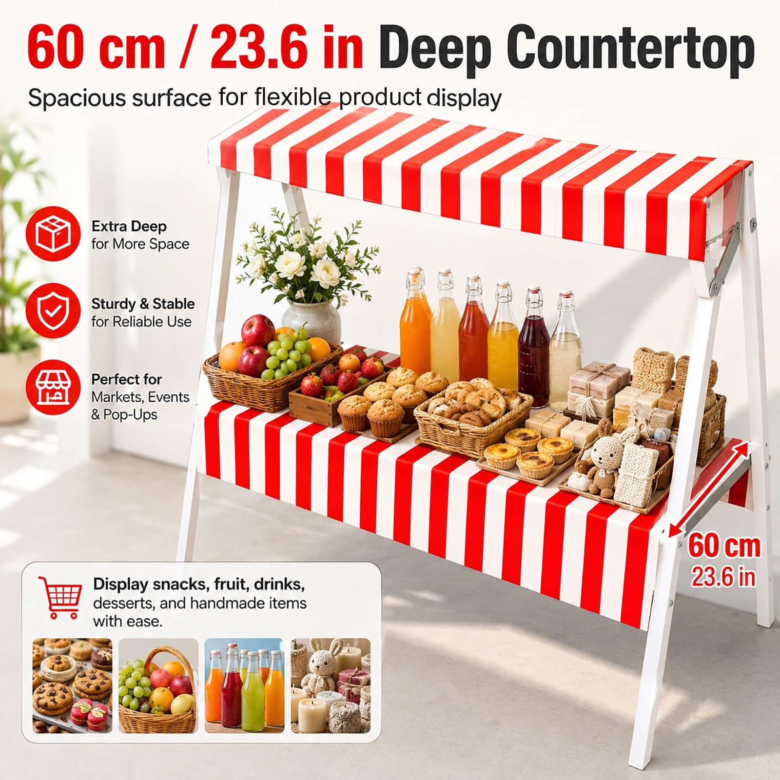 Puesto de Venta con Toldo y Ruedas, Carrito de Venta Plegable para Street Food, Stand de Venta Portátil para Ferias, Puesto Ambulante(Yellow,130x60cm/51x24in)