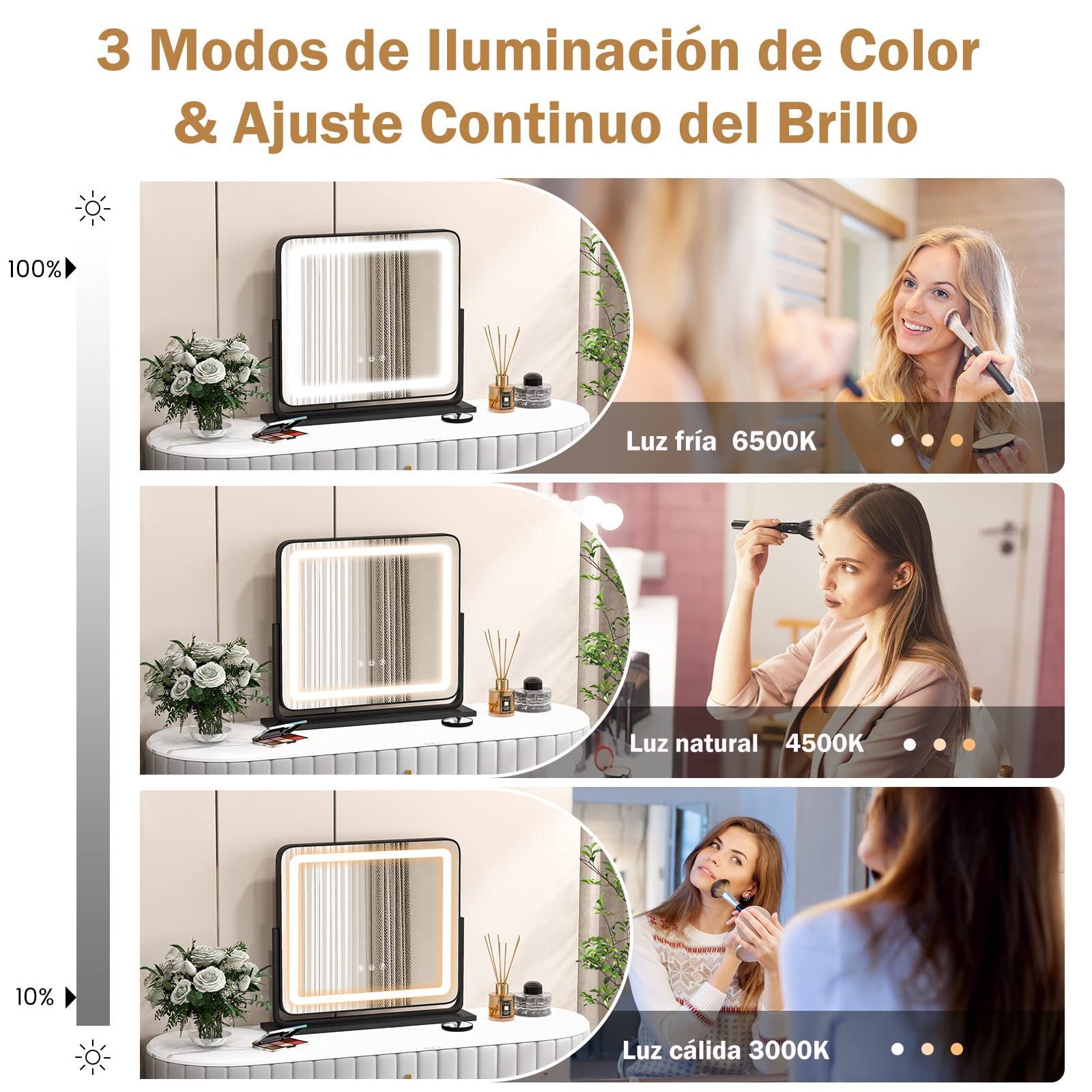 COSTWAY Espejo Maquillaje de Luz Led, Espejo Tocador con 3 Modos de Iluminación de Color, Espejo con Luz, Pantalla de Control Táctil y Rotación de 360°, 50 x 44cm
