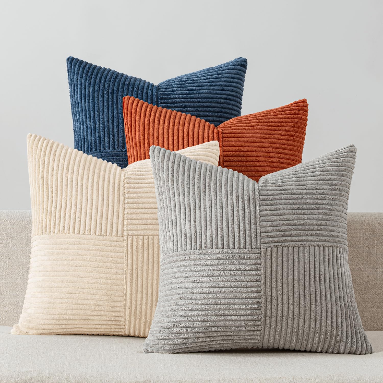 Photo 1 of MIULEE Blue Rust Throw Pillow Covers 18x18 Inch Set of 4 Boho Farmhouse Cushion Cases Soft Corduroy Nordic Corduroy Pillow Cases Patchwork Home Decor for Couch Sofa Bedroom