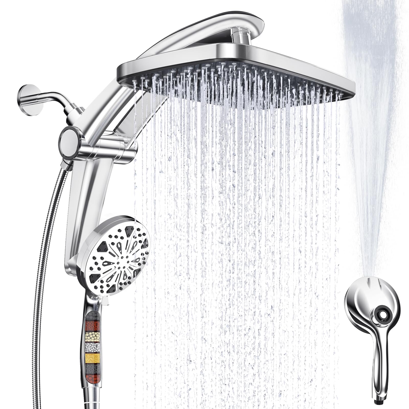 Rain Shower Head with filtered Handheld High Pressure rainfall Shower Heads with Handheld Spray Combo Adjustable one-piece stand daul shower head Built-in Magnetic Docking and Power Jets