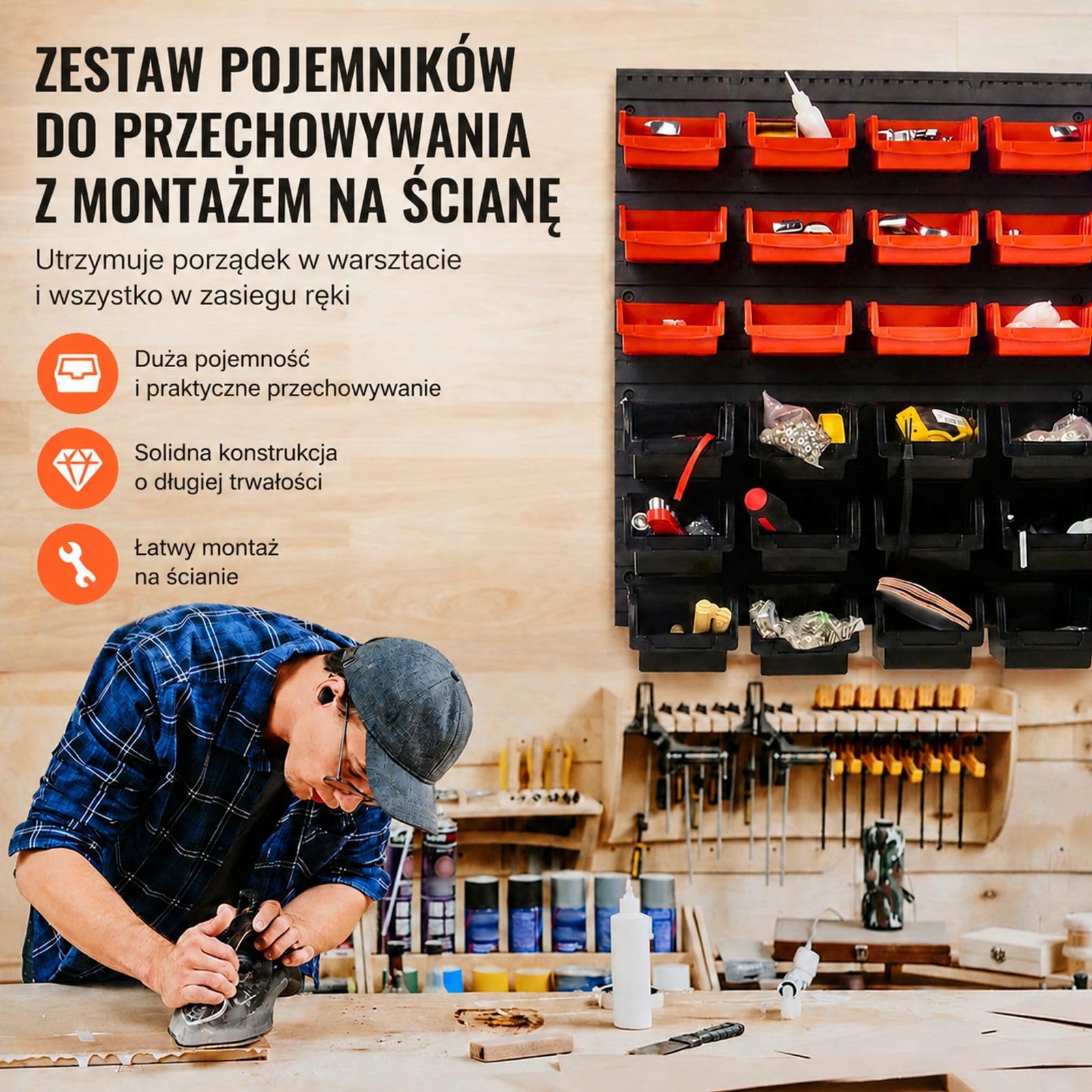 Ścienny organizer do przechowywania z 48 plastikowymi pojemnikami PP, czarny i czerwony, do garażu i warsztatu, na nakrętki, śruby, gwoździe, koraliki i guziki