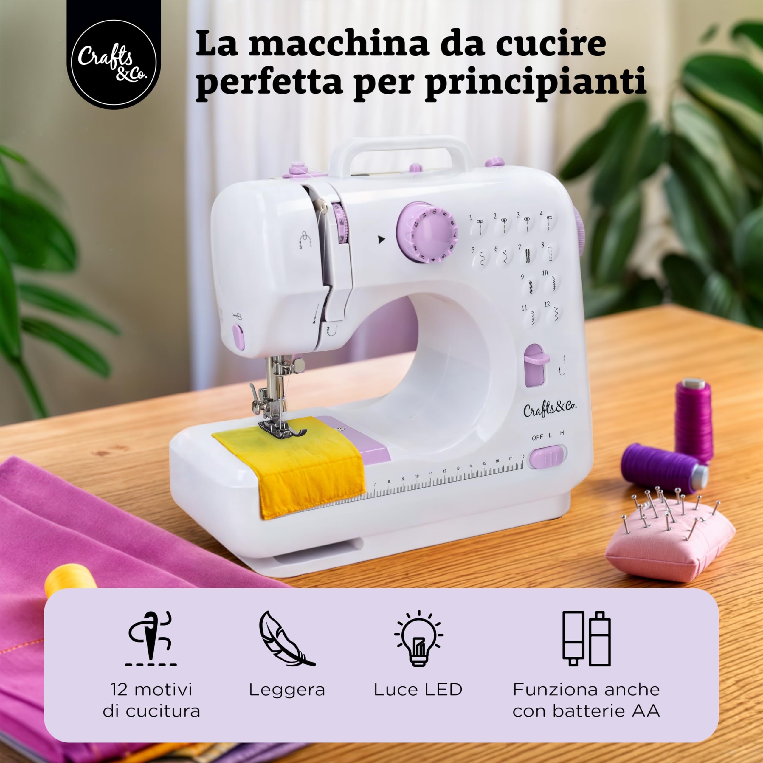 Crafts&Co® Macchina da cucire Principiante | Mini Macchina da cucire con 12 punti incorporati | Macchina da ricamo elettrica Overlock | Funziona a batteria o tramite adattatore | Bianco-viola