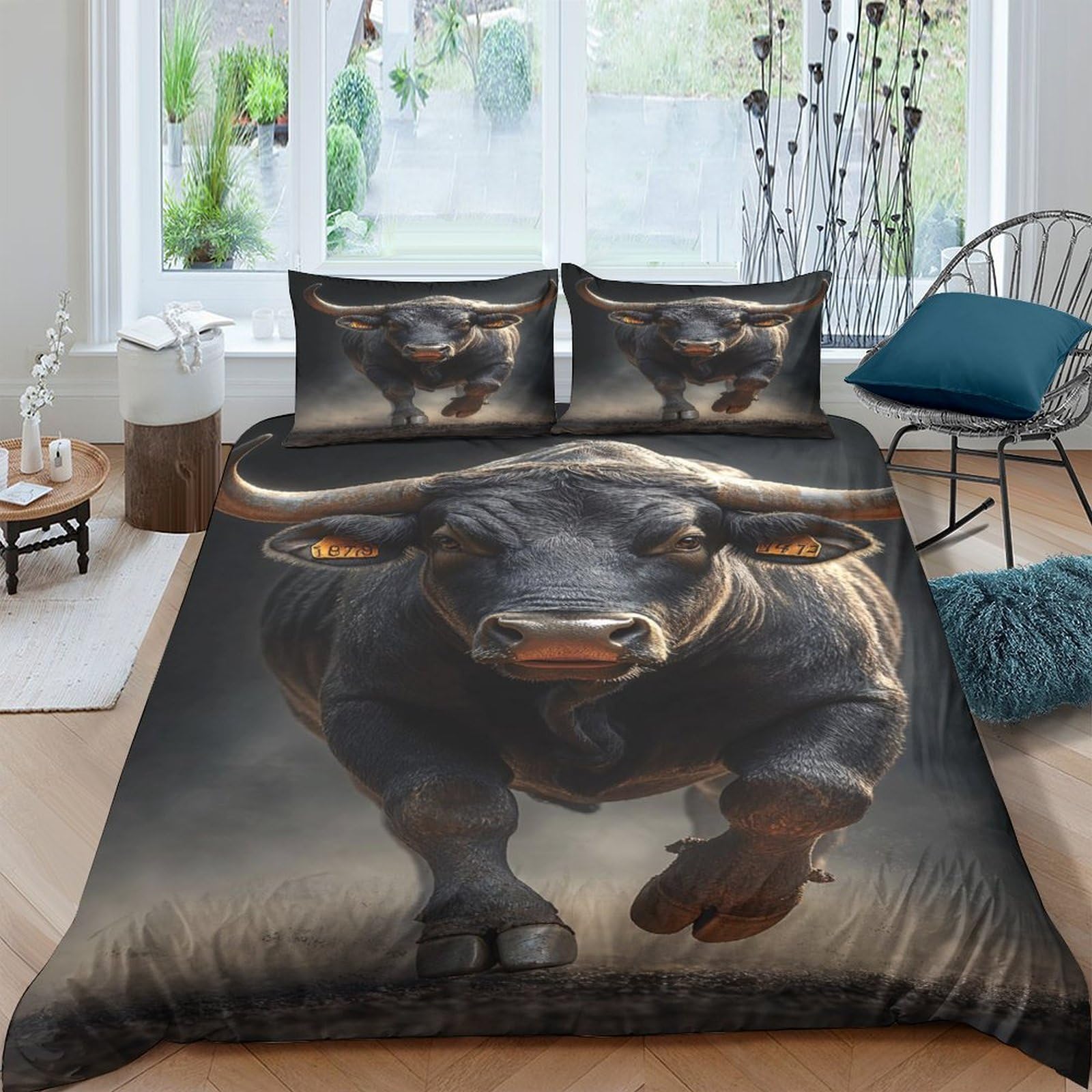 GPLZQXKJNH 3D Printed Bull Running Duvet Cover Microfiber Breathable Wild Animal Bedding Set with 2 Pillowcases for Bedroom Decor Single（135x200cm）