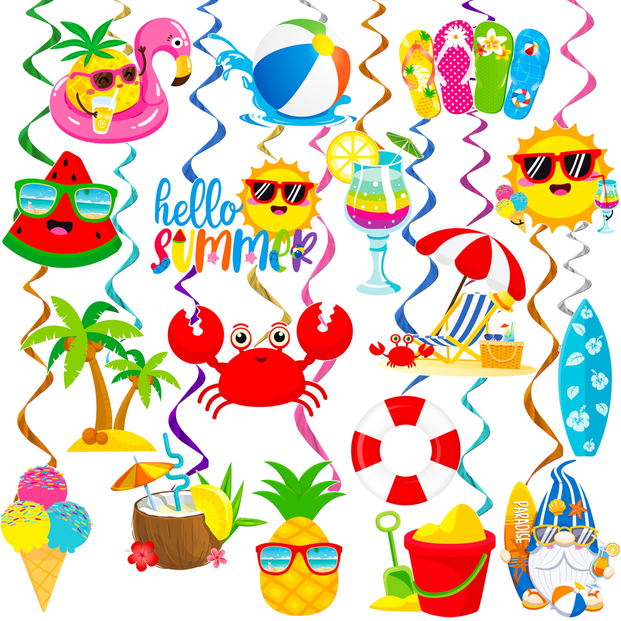 Summer Beach Pool Party Hanging Swirls Hello Summer Party Decoration 20pcs Beach Pool Themed Swirl Ceiling Summer Party Hanging Streamer for Hawaii