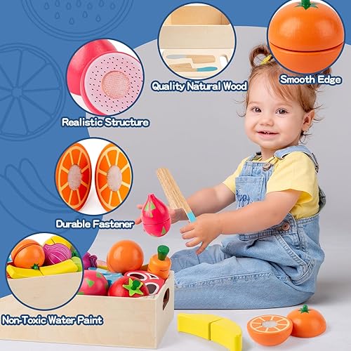 Miniatura 2 de Juego de 32 piezas de alimentos de madera para niños, accesorios de cocina, juguetes educativos Montessori, comida de juego de simulación para niños