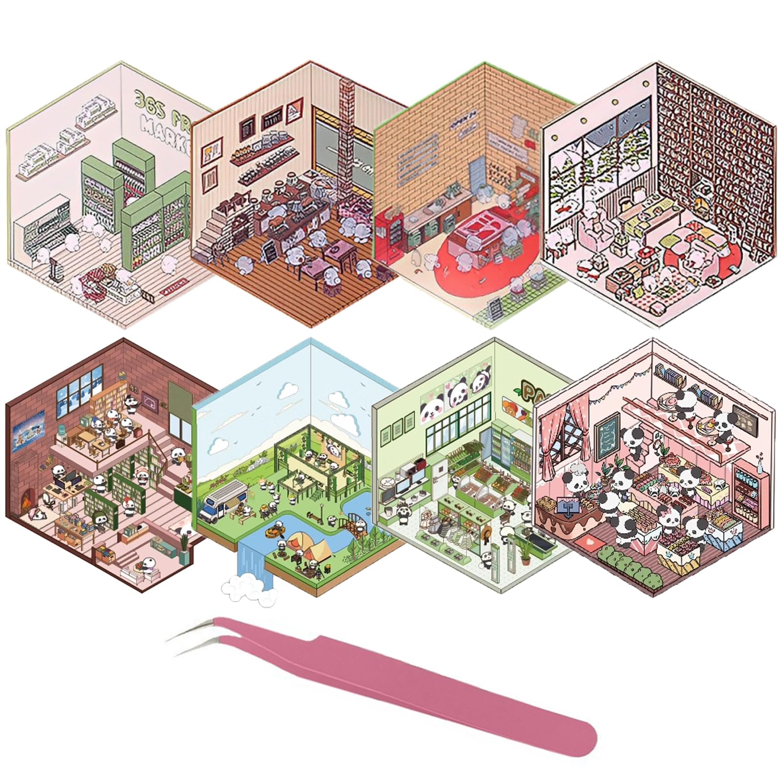 8 Sets 3D Sticker Scene, 3D Stickers, Sticker Therapy, 3D House Sticker Set, Make Your Own Supermarket, Restaurant, Scene for Adult Kid Relief Stress Pass The Time