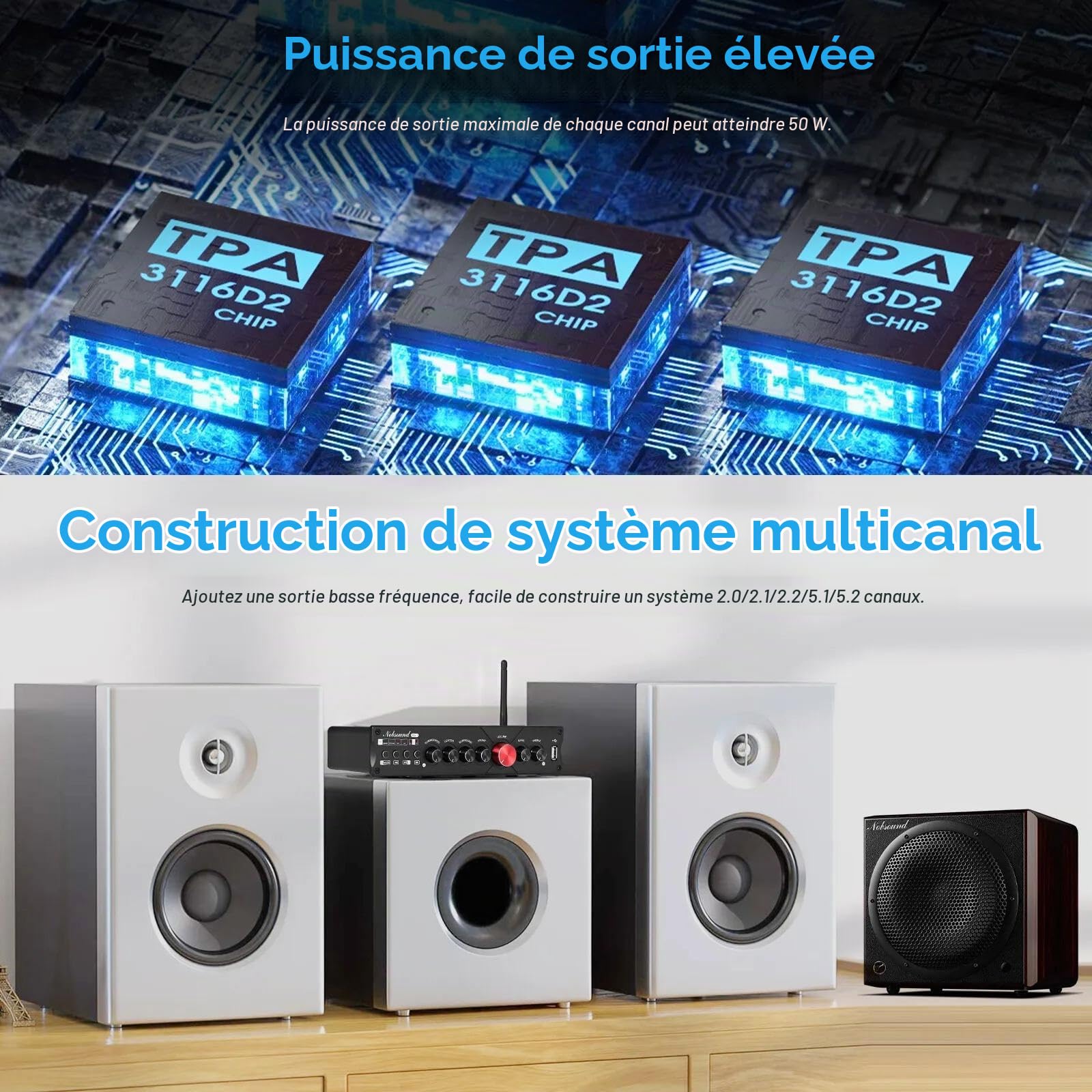 Nobsound HiFi 5.1 Canal Bluetooth Amplificateur stéréo Home Cinéma Amplificateur de Puissance Subwoofer Amplificateur Audio