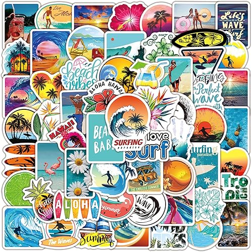 Miniatura 2 de 100 calcomanías de playa de verano, calcomanías de surf en la playa de Hawaii, calcomanías geniales de playa, paquete de calcomanías de verano