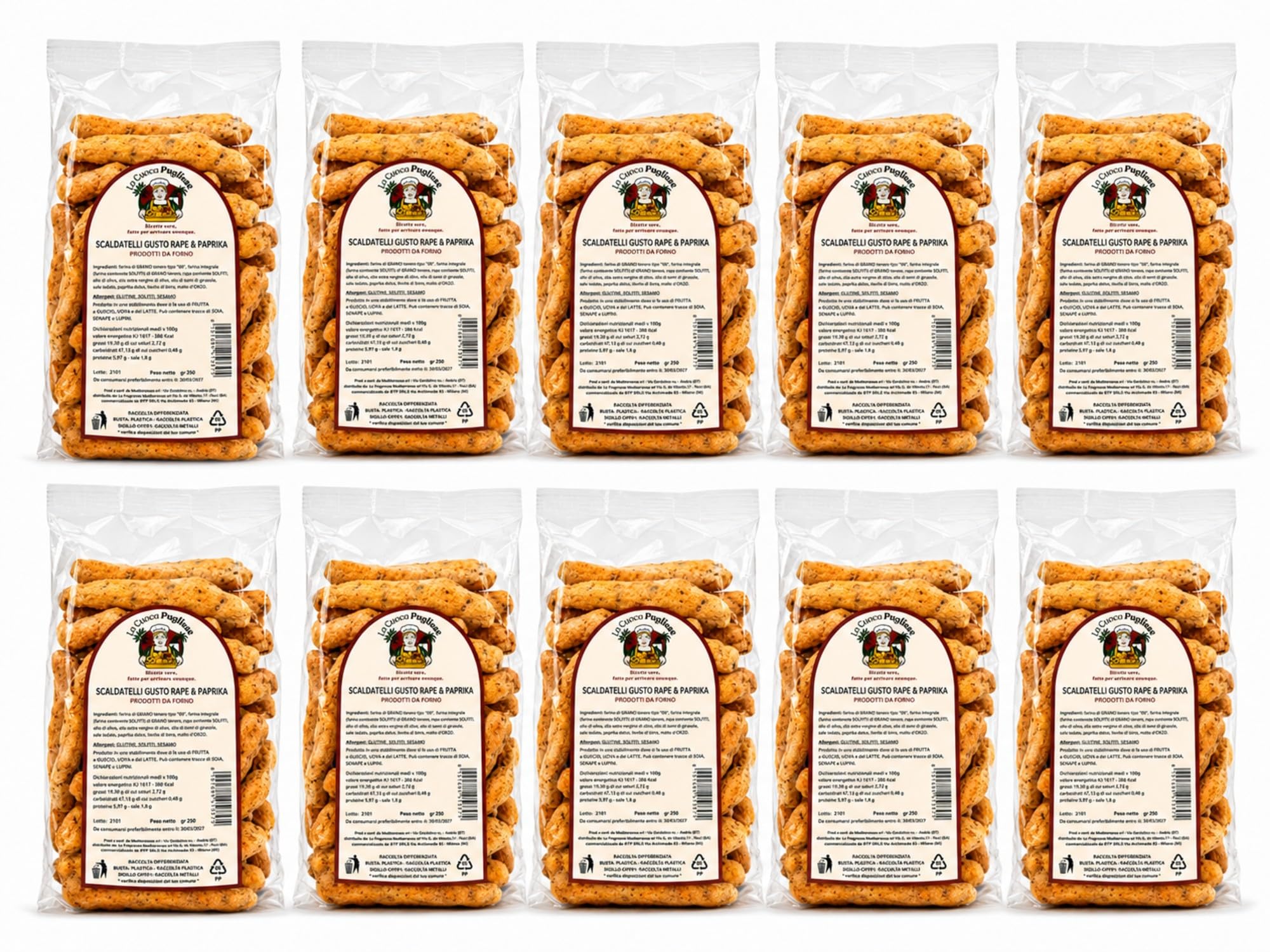 La Cuoca Pugliese - Scaldatelli Rape e Paprika, snack salato artigianale pugliese, prodotti da forno croccanti con farina integrale e spezie, 10 confezioni da 250 g
