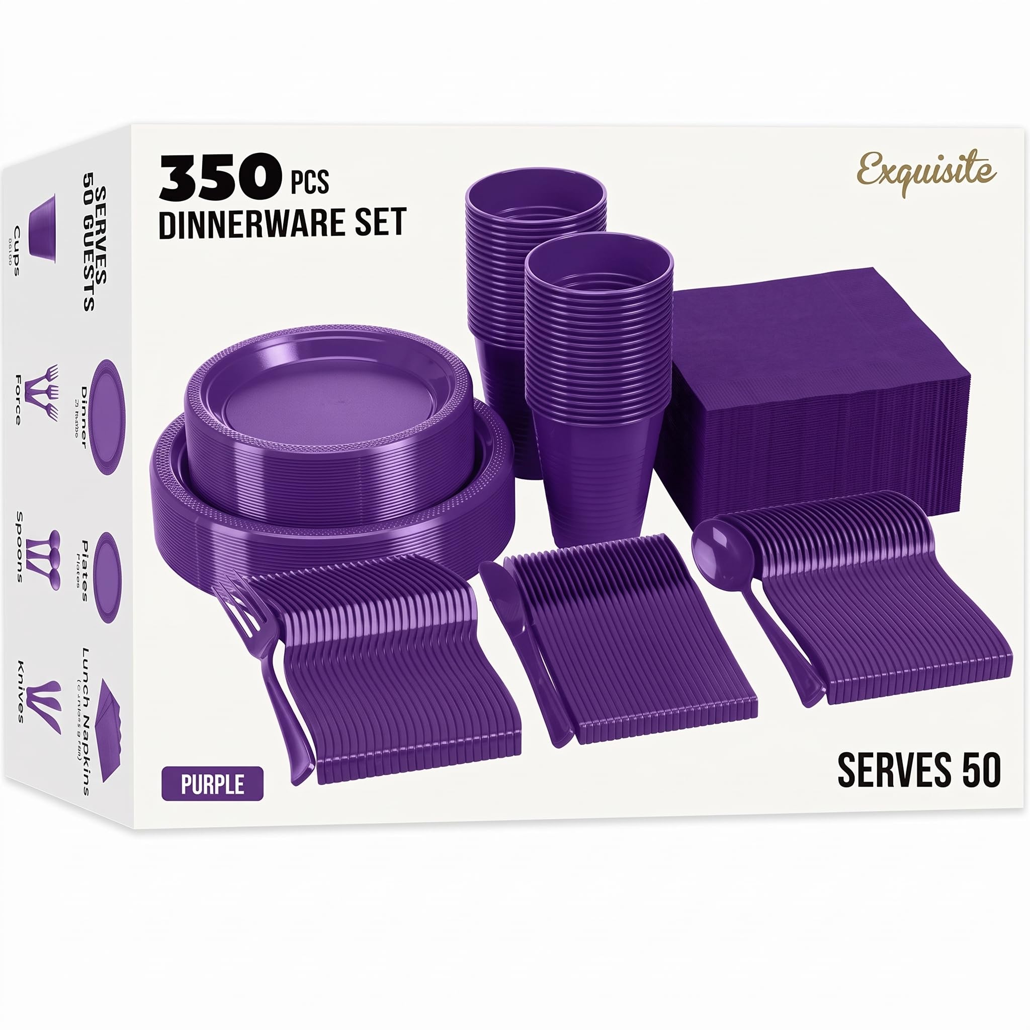 350 Pcs Purple Plastic Plates for Party Purple Disposable Plates Set 50 of Each 9 Dinner Plate Set 7 Dessert Plate Cups Napkins &amp; Cutlery Plastic Dinnerware Set Exquisite