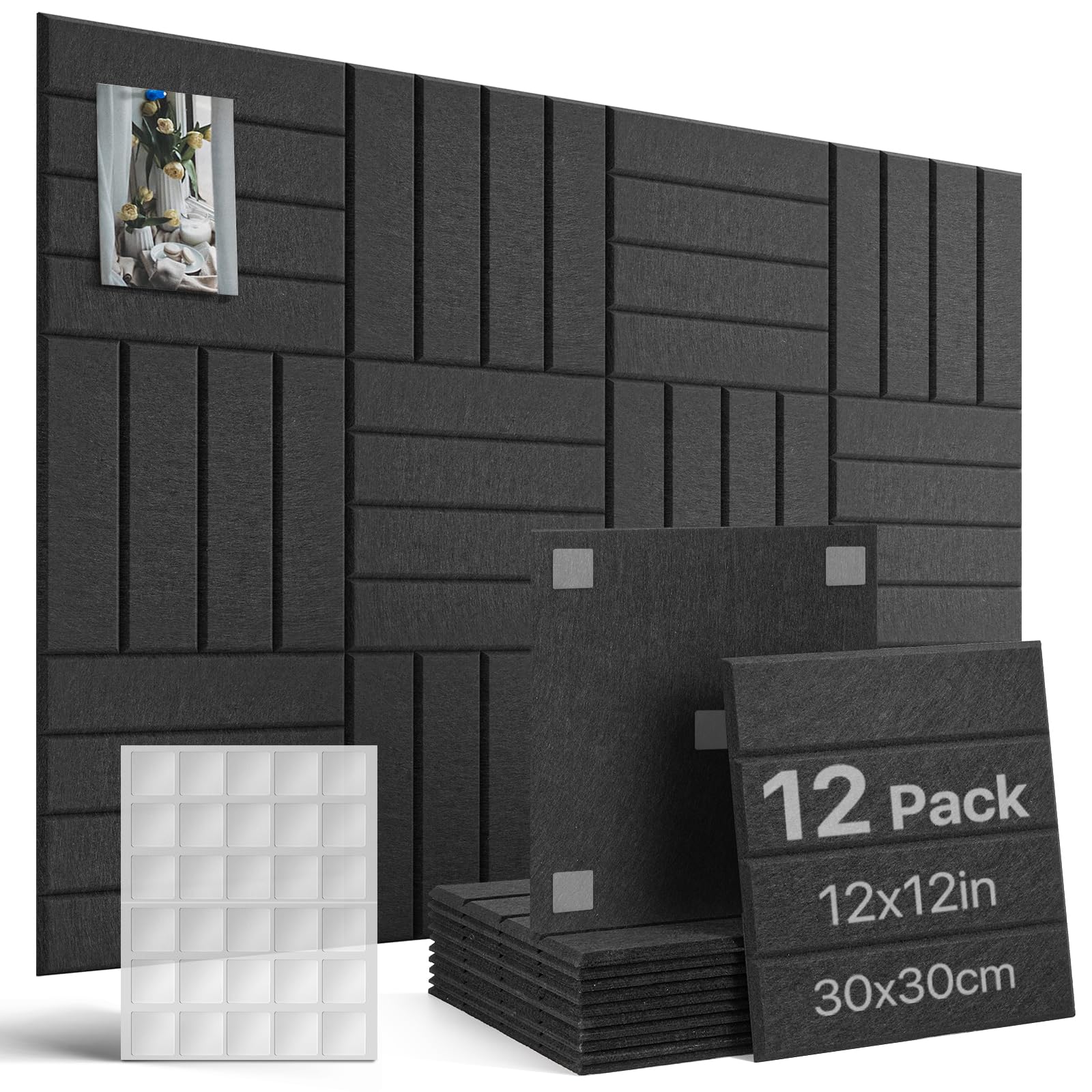 Corcho Pared Autoadhesivo 120x90 cm, Tablero de Corcho Decorativo para el Hogar la Escuela la Oficina,12 Tablones con 60 Almohadillas Adhesivas de Doble Cara (Negro)