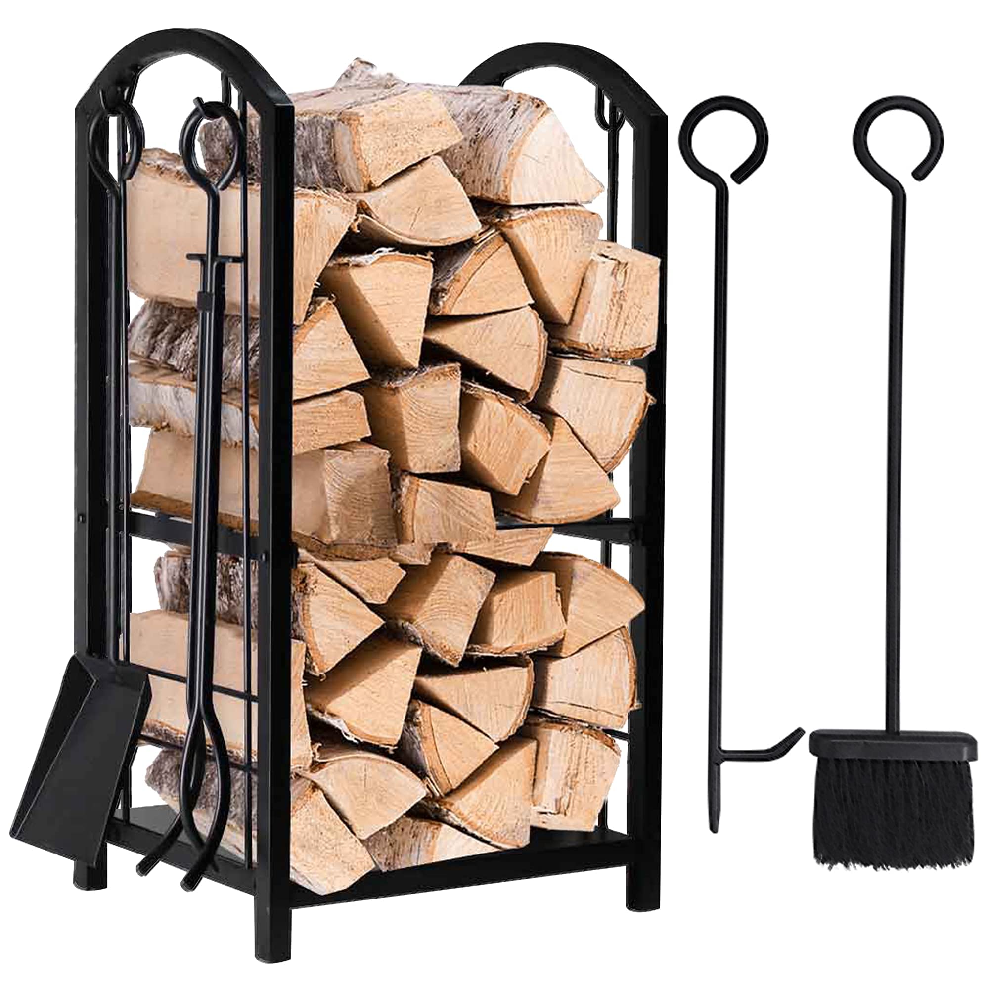 Amagabeli Fireplace Log Rack 16 x 29.2 x 12inch with 4 Fireplace Tools