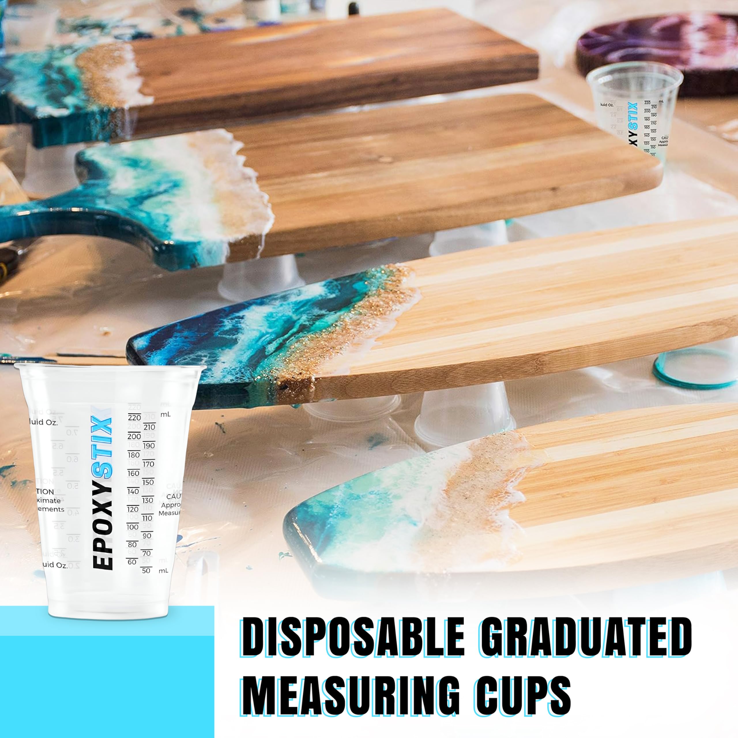 [Paquete de 50] Vasos medidores graduados desechables de 8 onzas para mezclar, medidas en ml y onzas, tazas reutilizables multiusos para pintura, resina epoxi, manchas, tazas de mezcla de líquidos