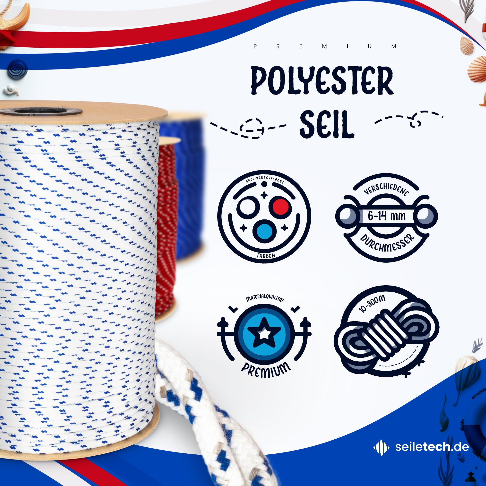 Polyesterseil – 12mm – 30m – Weiss mit blau Flecken – Schotseil – Kordel – 16-Fach geflochten – guter Griff
