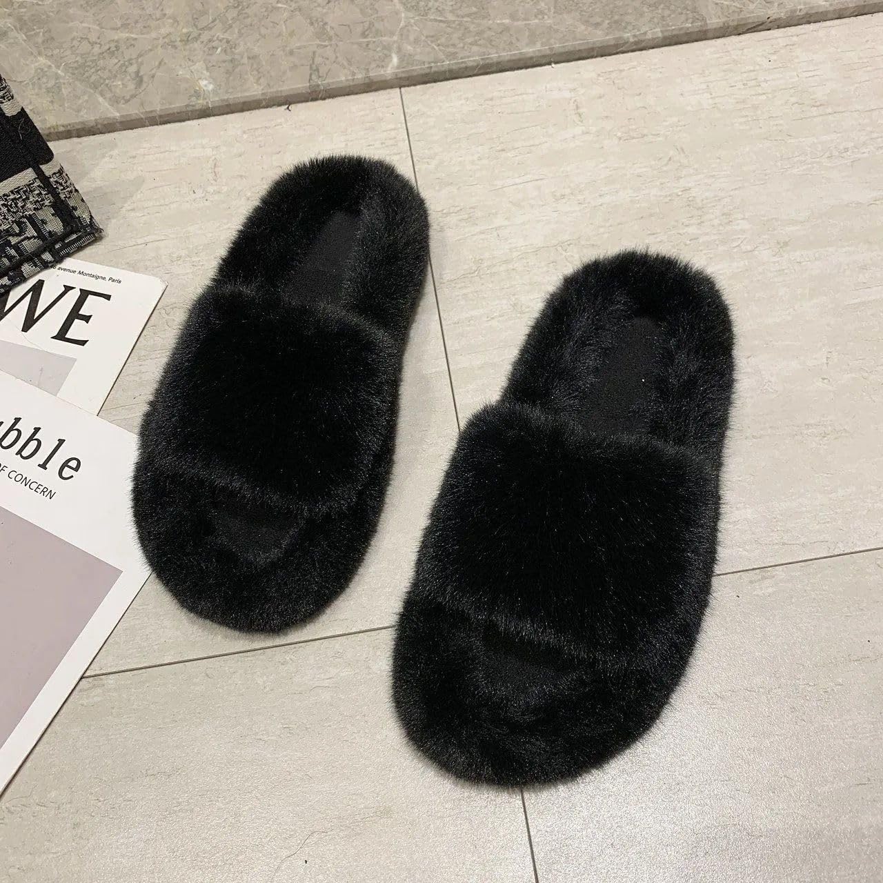 GenericWinter warm fur home slippers 2023 indoor house fluffy slippers soft comfortable flat plush shoes ladies flip flops (Grape, 40)