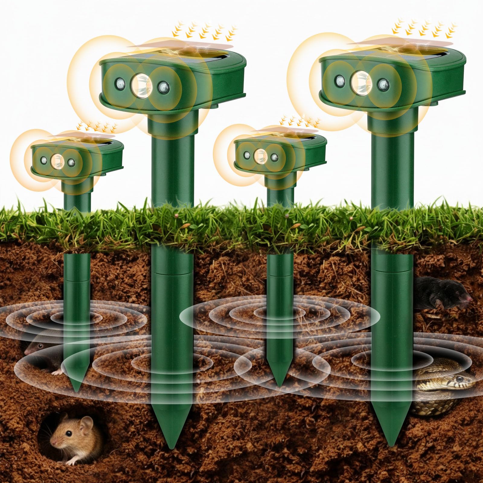 4 Pièces Répulsif Taupes, 20㎡ Nouveau Vibrations Répulsif Solaire pour Martres avec Lumière LED, Imperméable IP45 Effaroucheur Animaux Jardin pour Souris Taupes Lapins Serpents
