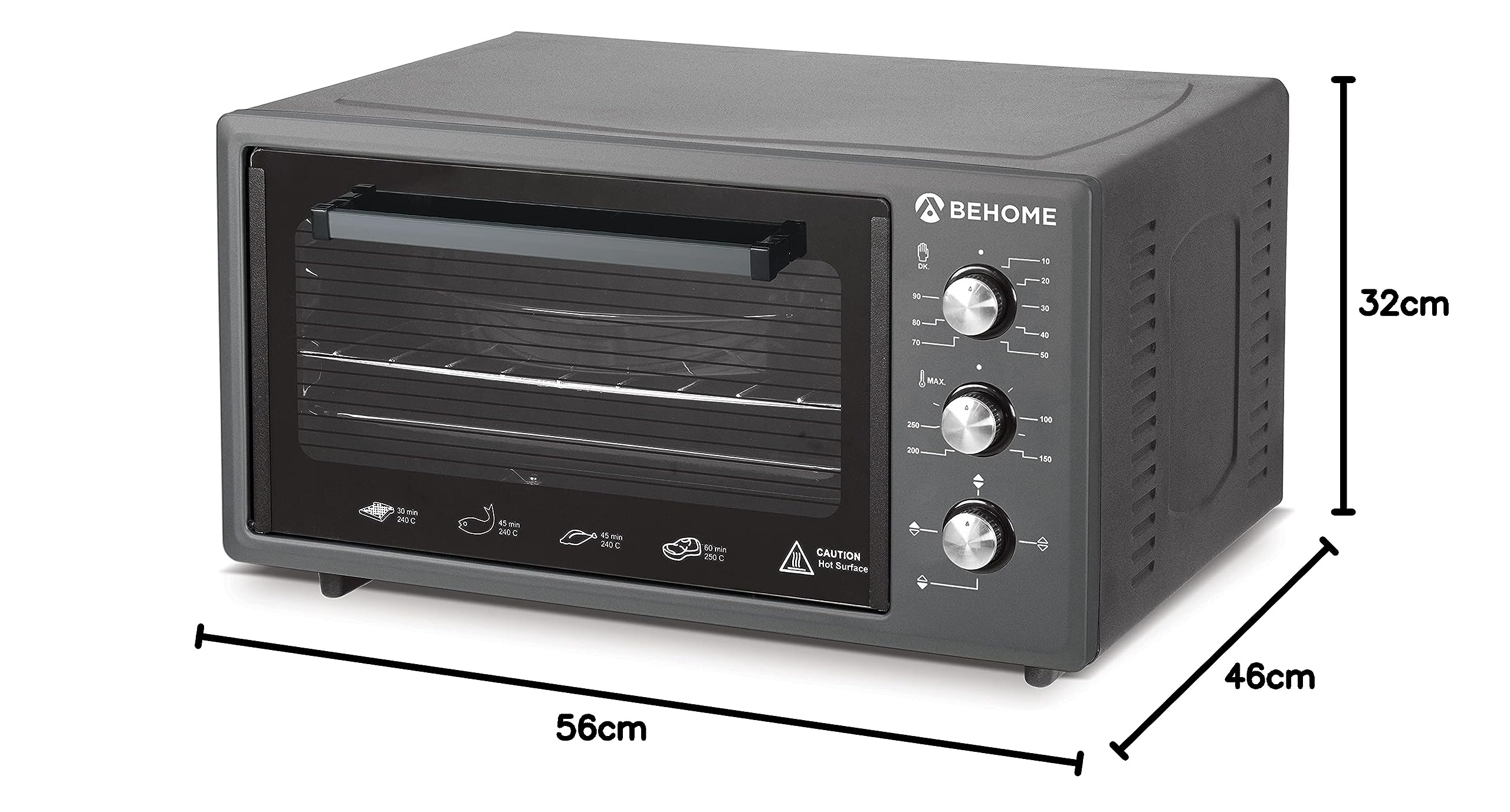 Behome Four électrique 48 litres ventilé émaillé auto-nettoyant avec lumière intérieure | température jusqu'à 320° double verre résistant à la chaleur et minuterie 2 plaques et 1 grille (noir)