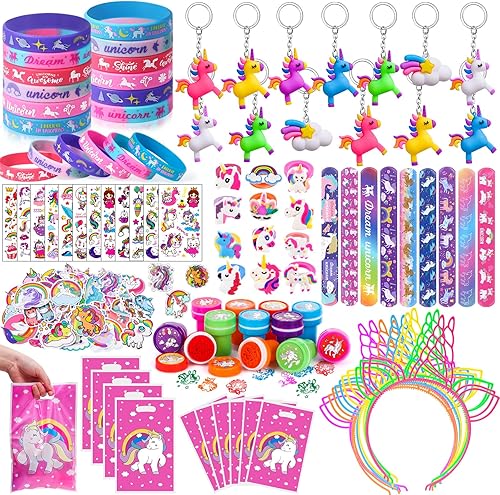 Winrayk 146 piezas de suministros de cumpleaños de unicornio para niñas, bolsa de diadema, pulsera, llavero, pulsera de palmada, anillo de tatuaje,