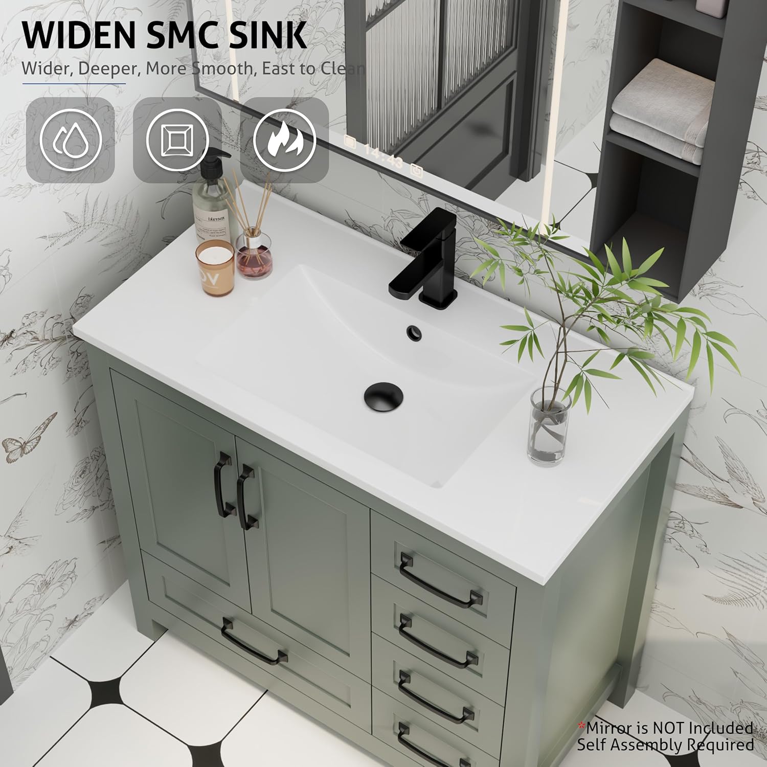 eclife 36" Bathroom Vanities with Sink Combo, Modern Thickened Wood Bathroom Storage Cabinet w/Undermount Sink, Matte Black Faucet Drain, Painted Surface, Green