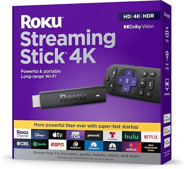 Roku Streaming Stick 4K | Portable Roku Streaming Device 4K/HDR/Dolby Vision, Roku Voice Remote, free & live TV