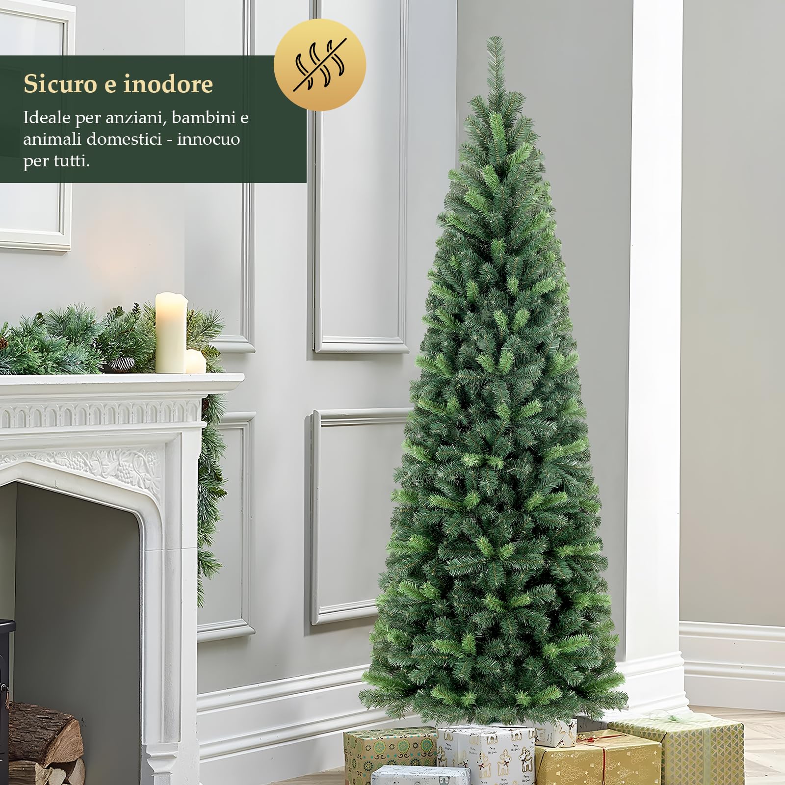 SALCAR Albero di Natale Slim Artificiale 180 cm, Abete di Natale con Guanti e 618 PVC Punte per Rami, Supporto in Metallo, Montaggio Rapido, Ignifugo
