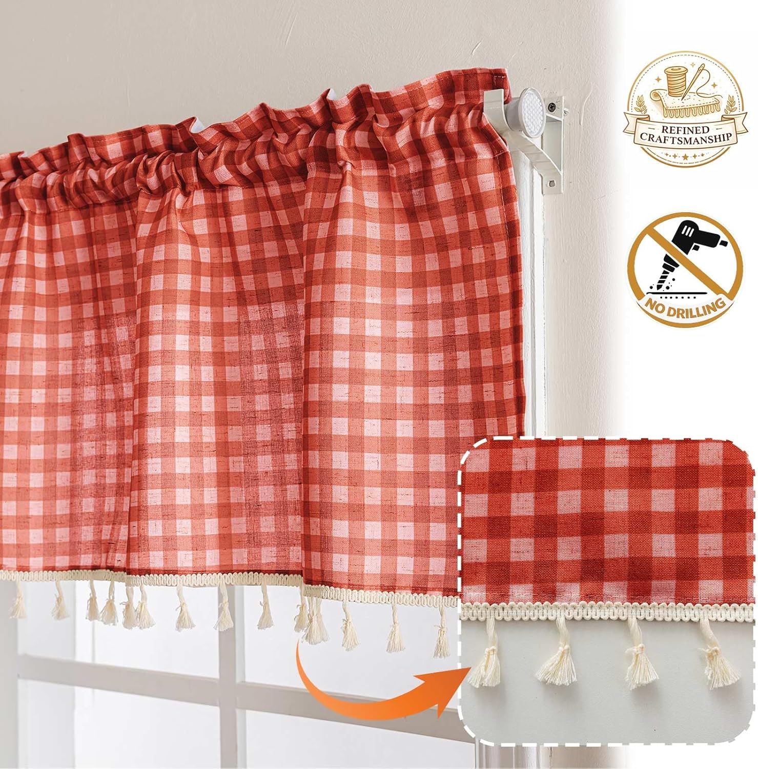 Jilron Gingham Curtains Valance for Kitchen Windows - Farmhouse Checkered Linen Curtains, Single Panel Short Curtains with Light Filtering & Easy Installation-Red Check(W 52*L 18in-1-Panel)