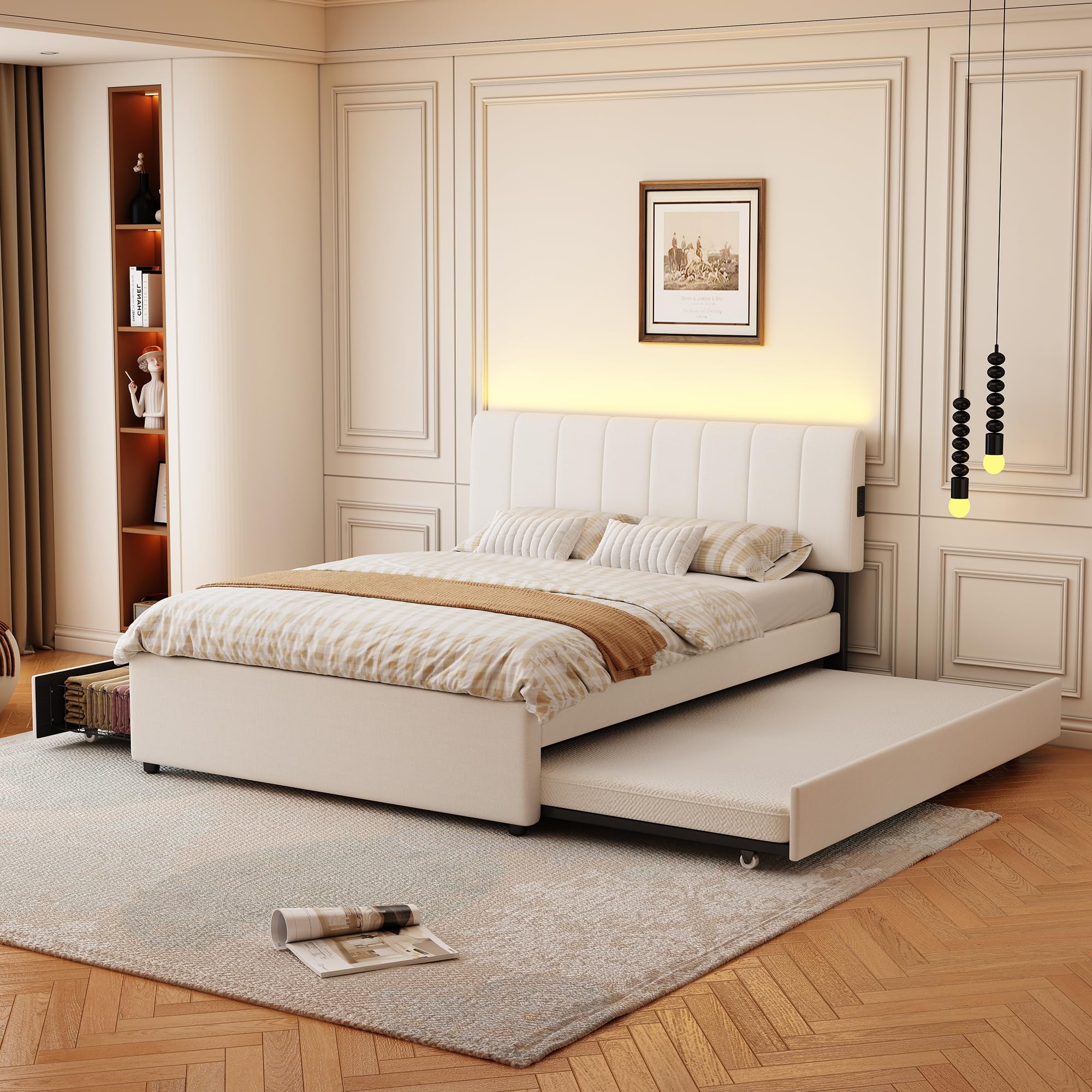Full Size Upholstered Platform Bed with Trundle,2 Storage Drawers & USB/Type-C Charging,Chenille Fabric Bed Frame with APP-Controlled LED Lights,No