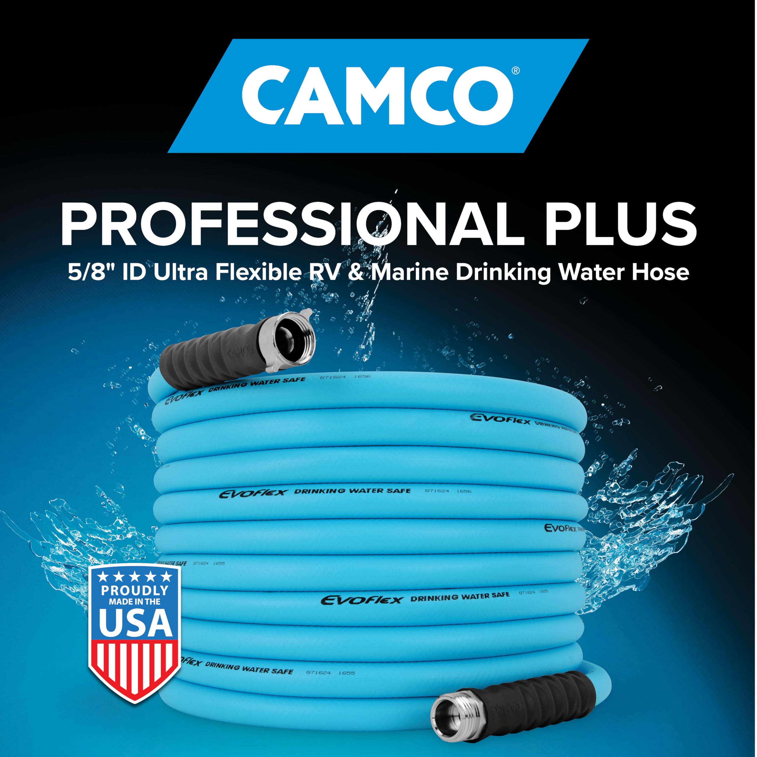 Camco EvoFlex 22591 - Tubo per acqua potabile, 6,5 m, presenta una struttura extra flessibile, scarichi della tensione in acciaio inossidabile su ogni estremità del tubo, ed è ideale per camper e uso