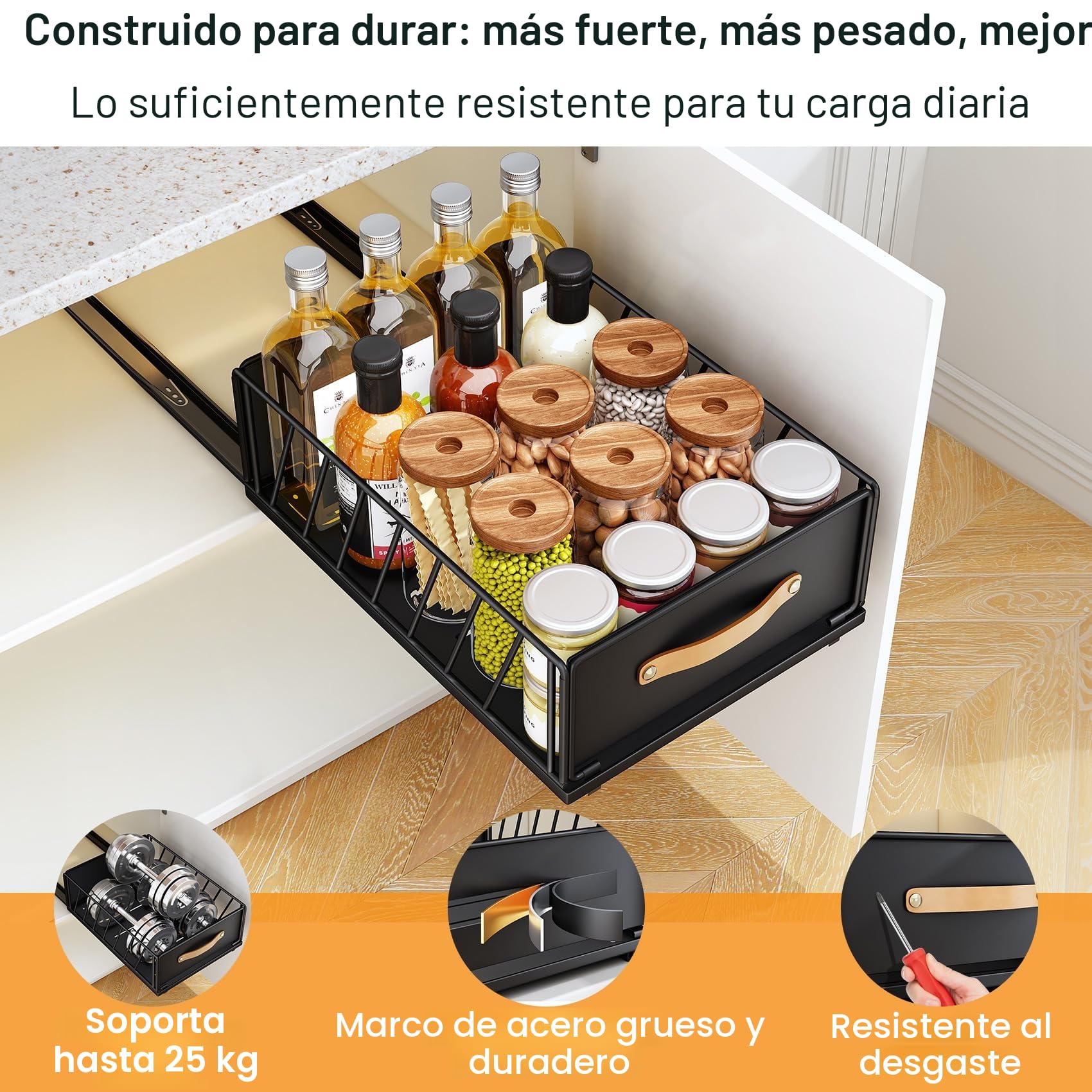 SAYZH Cajón Telescópico, Cajones Extraíbles para Armario de Cocina, Cajón Deslizante Para Alacena, Cajón de Cocina Extensible Desplegable con Mango, 40 cm (Prof.) x 25 cm (Anch.), Negro