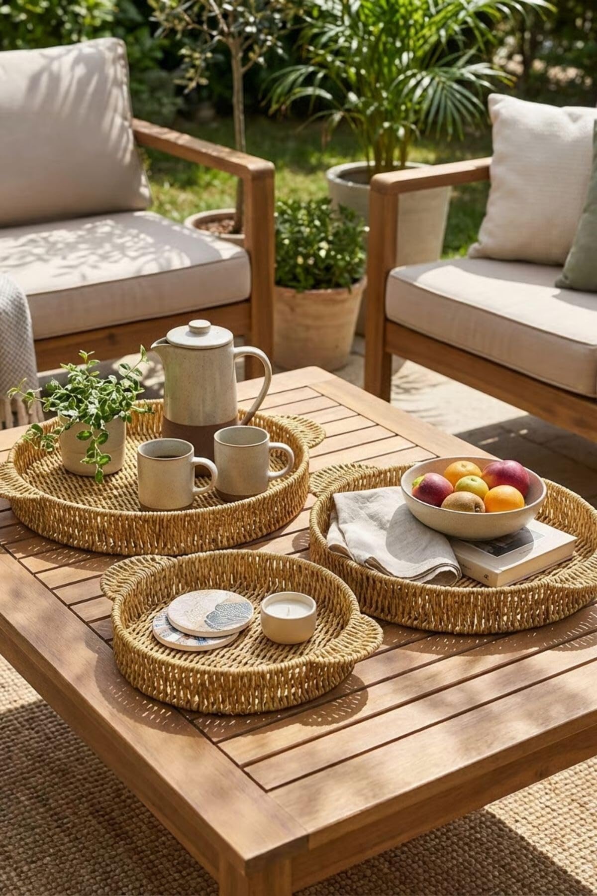 BUFFER İç İçe Geçebilen 3'lü Yuvarlak Hasır Görünümlü Plastik Rattan Servis Tepsi Seti, Çok Amaçlı Sunum Tepsileri, 30x25x4 cm, 35x30x4 cm, 40x35x4 cm