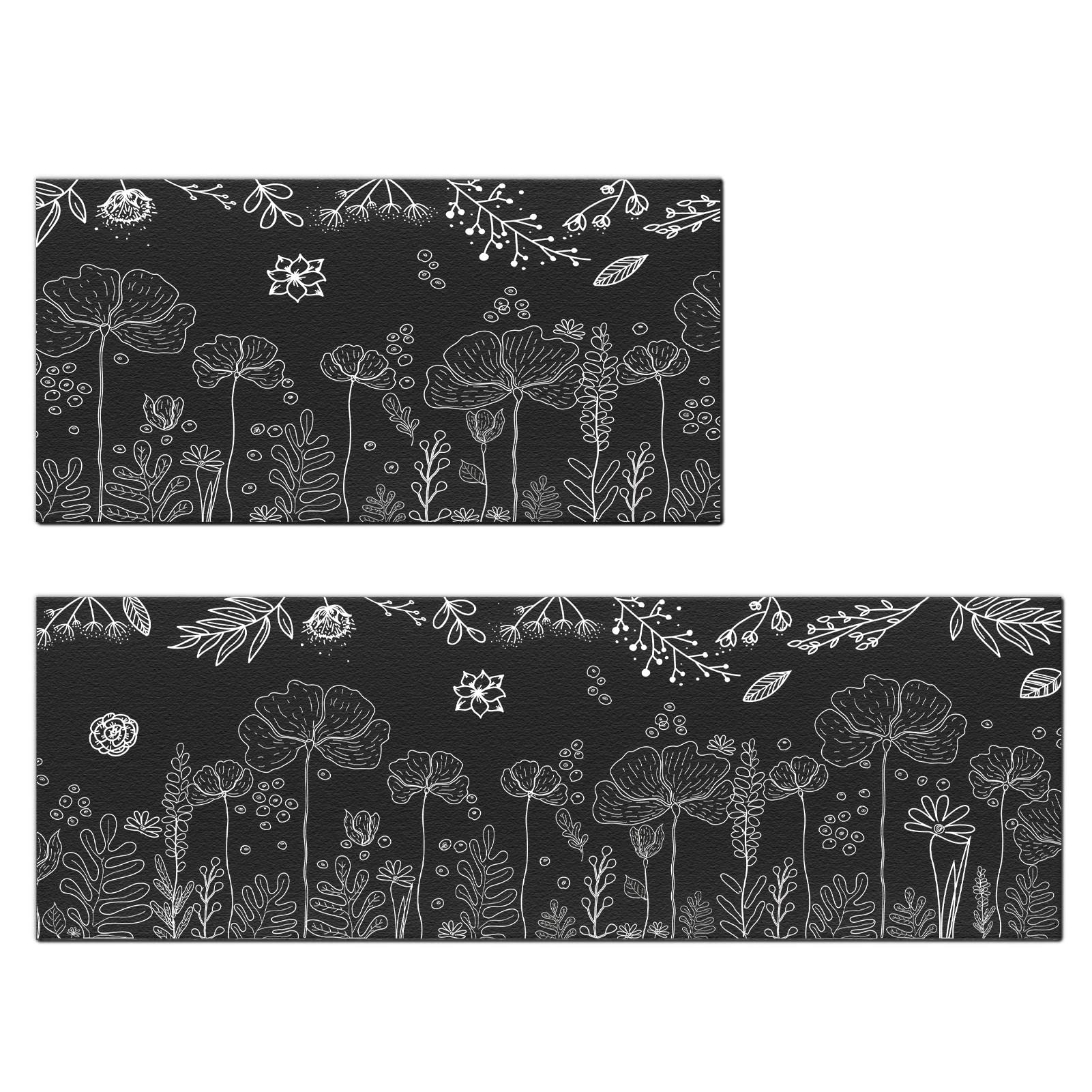 chiinvent Chic Black and White Floral Kitchen Rugs Set of 2, Anti Fatigue Cushioned Memory Foam