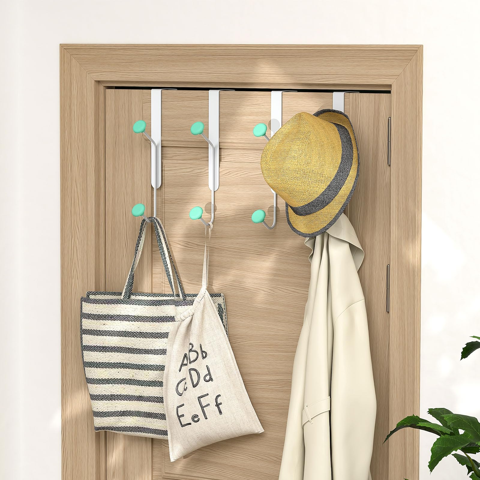 APLOP Over The Door Hooks, Door Hanger Hook for Hanging Hats, Coats, Towels, and Robes, 4-Pack Door Hooks - White and Green