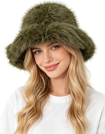 Lina & Lily Oversized Winter Faux Fur Bucket Hat for Women - Long Pile Fur Wide Moldable Brim