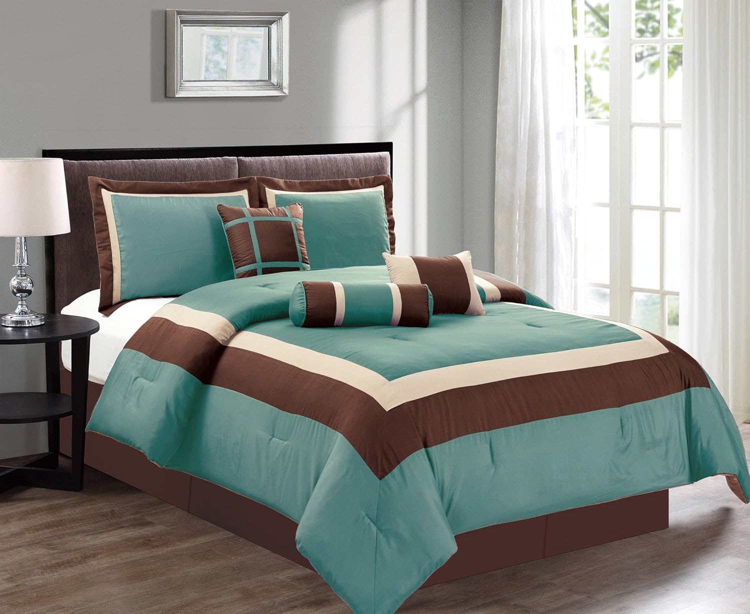 Grand Linen 7 Piece Queen Size Comforter Set Light Silver