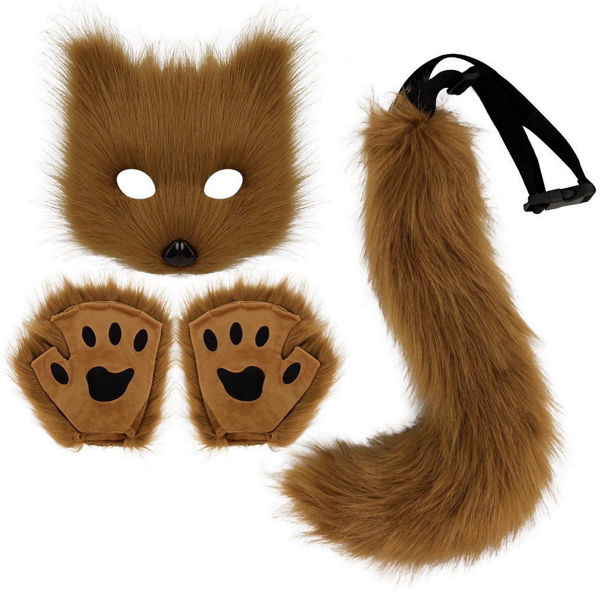 Therian Mask Tail Gloves Paw Set Animal Gear Cat Fox Wolf Masks Dress Up Cosplay Party Women Furry Faux Fur Fingerless (Brown)