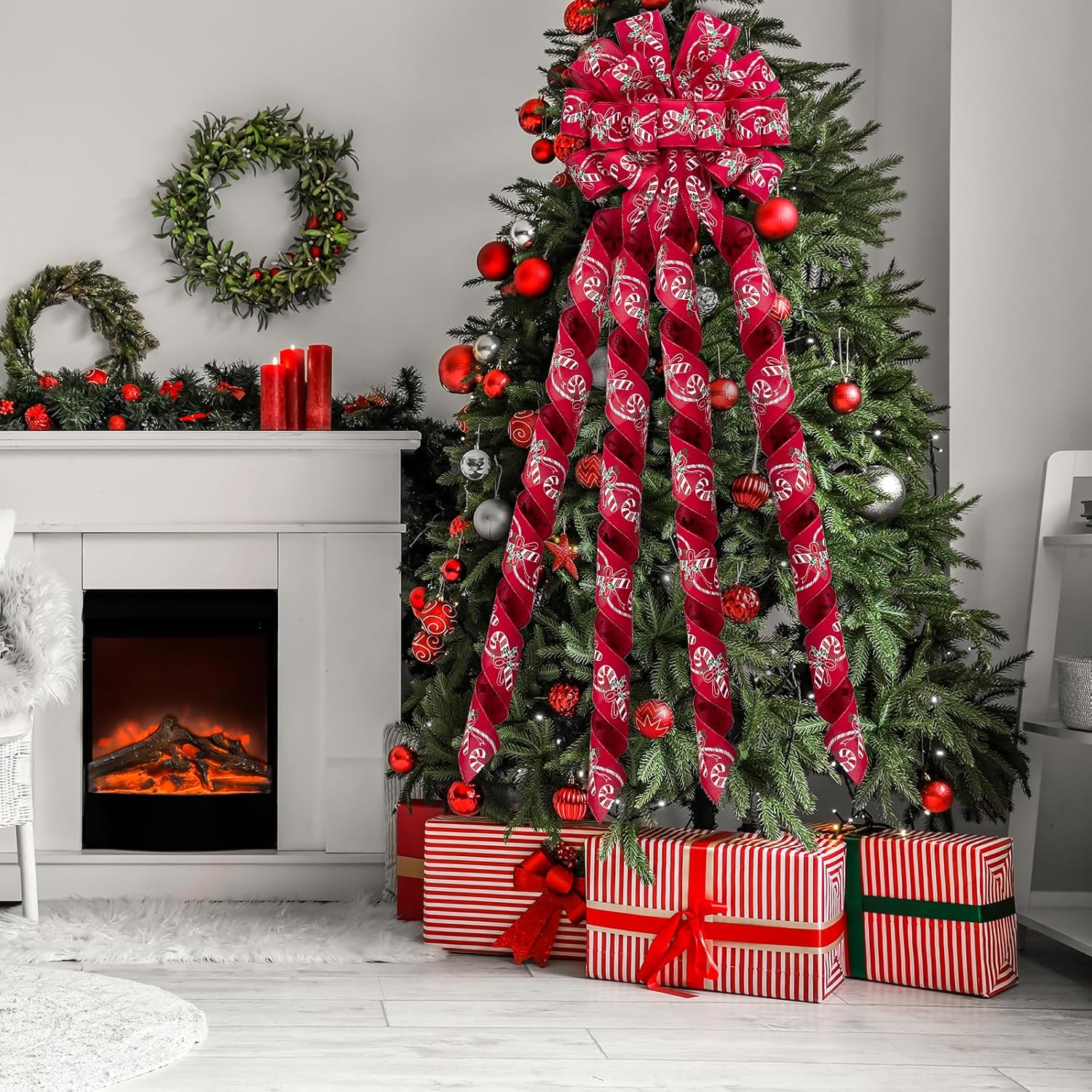 WRAPAHOLIC Large Christmas Tree Topper Bow - 13 x 52 Inch Red Candy Cane Christmas Tree Topper Ribbon Bow Wreath Bows with Wired Edge for Xmas Ornament Indoor Outdoor Decoration - Image 4