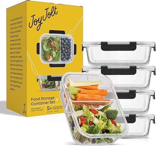 Miniatura 8 de JoyJolt Contenedores divididos para almacenamiento de alimentos con tapas herméticas. Paquete de 5 recipientes de vidrio para preparación de