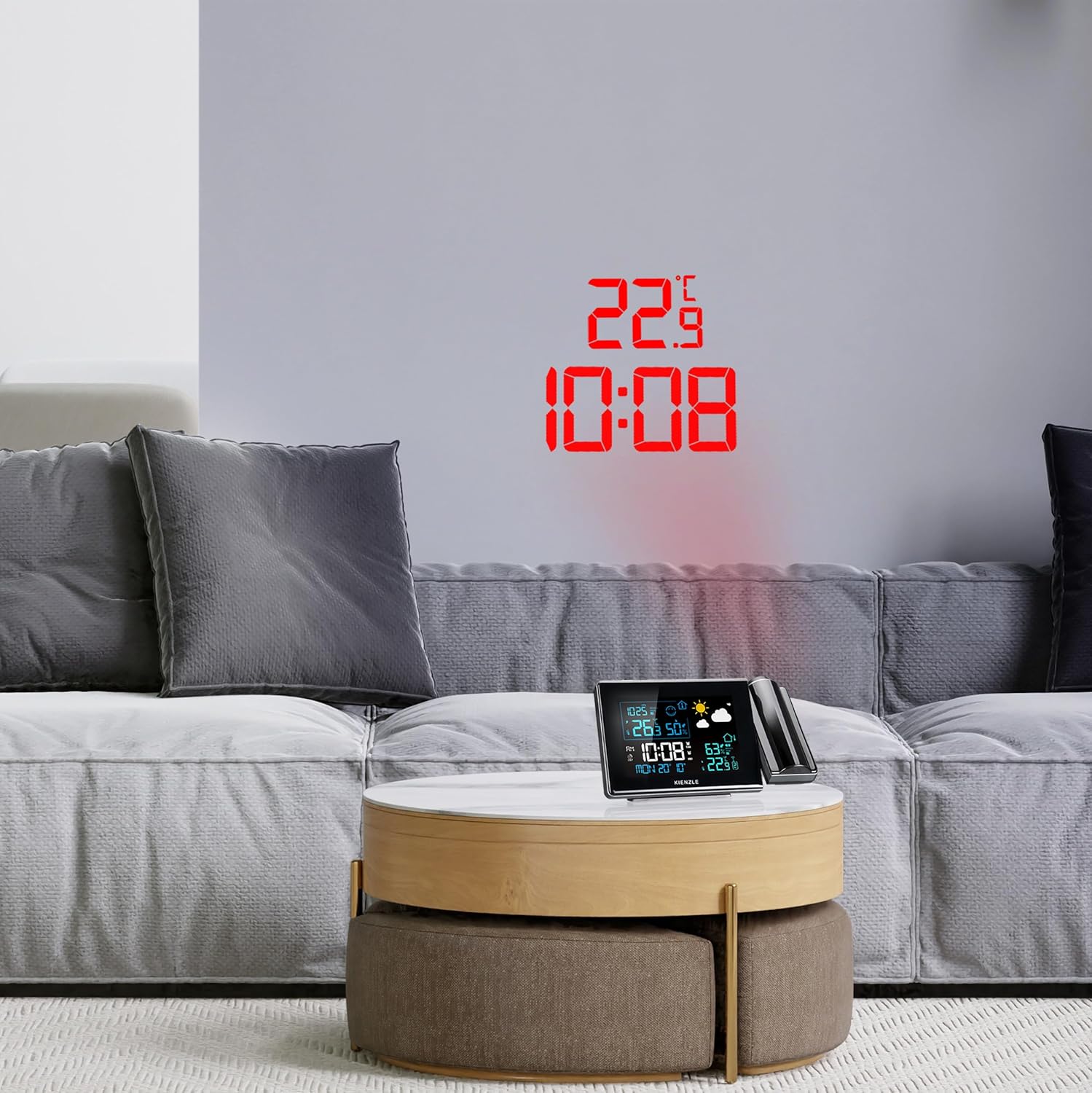 Kienzle Weather Station projecting time and temperature onto a wall in a living room