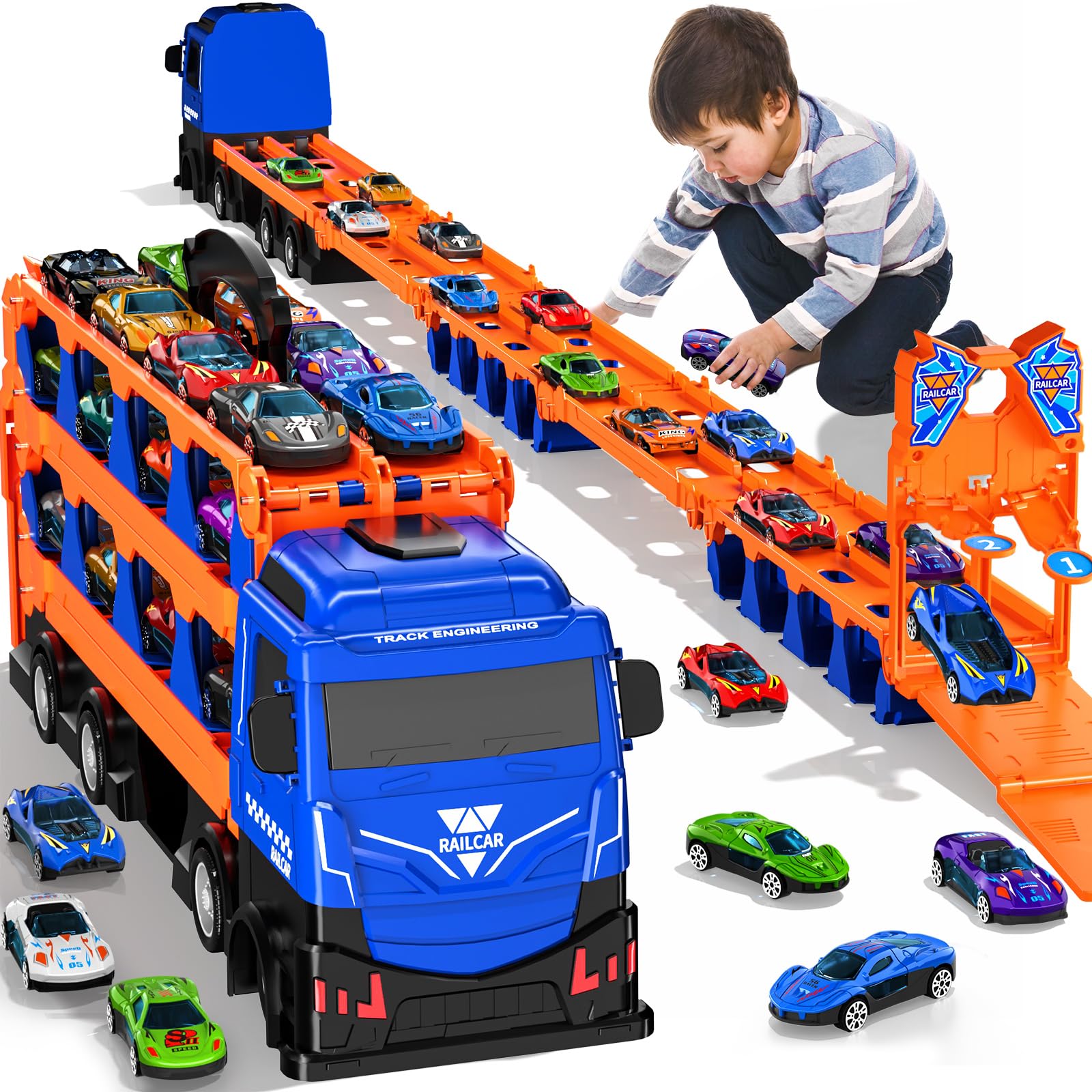 Ci Vetch 78-Zoll Autos LKW Spielzeug für Kleinkinder 1-7 Jahre, Transport-LKW Mit 24 Pcs Druckguss Autos, Geschenke für Jungen