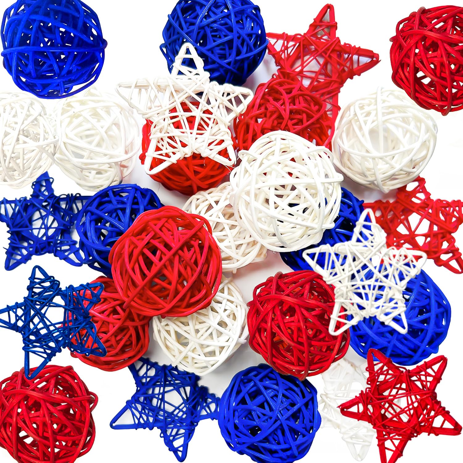 Mauts-inus 21pcs 4th of July Decoration Balls Rattan Decoration - Red Blue White Balls with for Independence Day Home Decor Craft Vase Bowl Filler Table Party Supplies Decorations. (21)