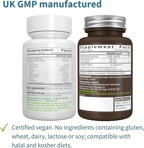 Miniatura 5 de Live Cultures+ Probióticos Lab4 + enzimas digestivas avanzadas y betaína HCl paquete vegano, apoyo completo para la salud digestiva con 25 mil