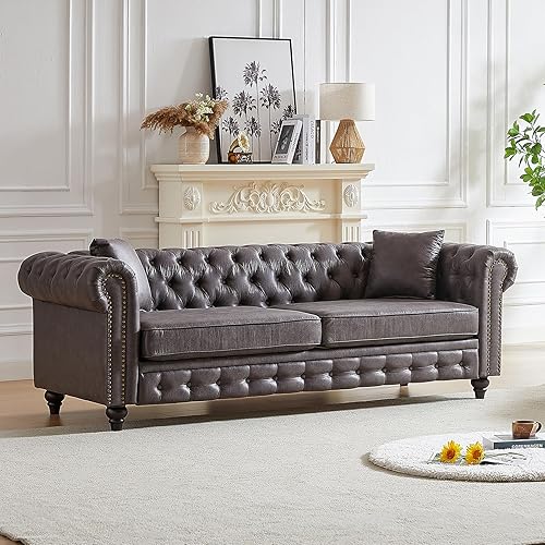 Miniatura 10 de Juego de sofá de 2 piezas para sala de estar, sofá y sofá biplaza de tela de alta tecnología con ribete de clavos y reposabrazos enrollables, sofá