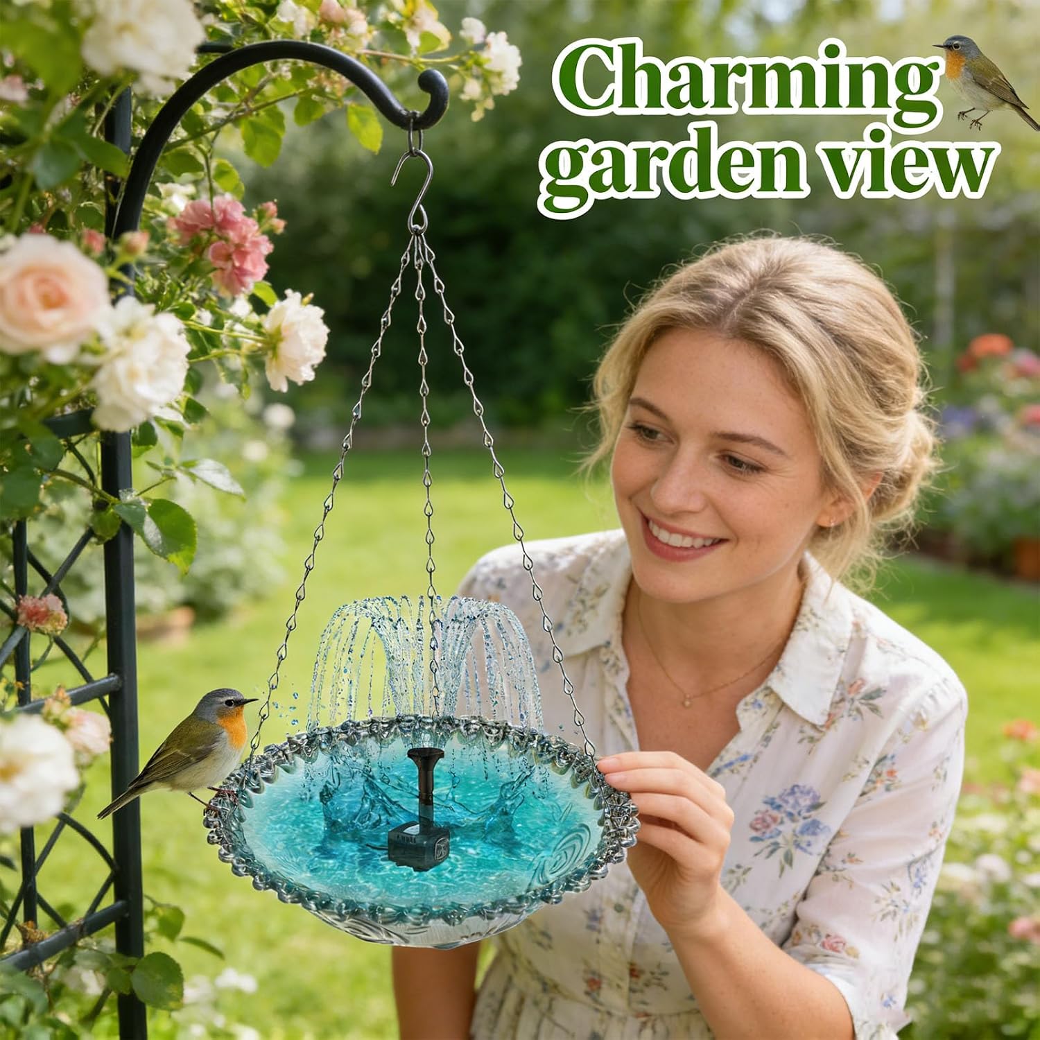2026 New Hanging Bird Bath, Solar Fountain for Birds Bath and Feeder, Solar Powered Water Fountain Combo Set, Hanging Bird Feeder Tray for Outdoor Garden Backyard Patio Lawn (Blue)